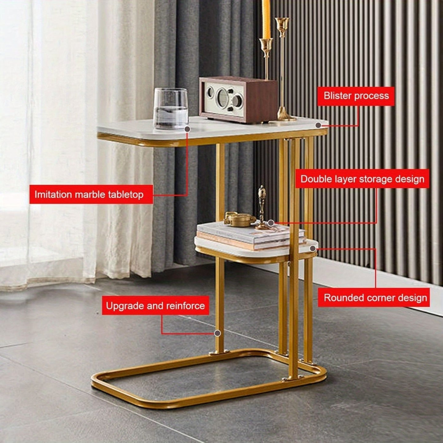 Coffee Table & Bedside Table - C - shaped Side Table for Sofa and Bed. Features Imitation Marble Tabletop and Steel Frame. Narrow Side Table for Bedroom and Living Room, Small Banquet Table (2-tier)
