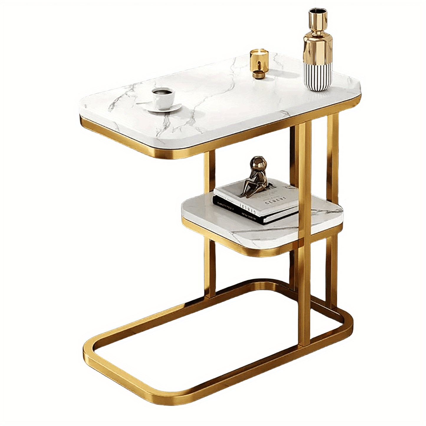 Coffee Table & Bedside Table - C - shaped Side Table for Sofa and Bed. Features Imitation Marble Tabletop and Steel Frame. Narrow Side Table for Bedroom and Living Room, Small Banquet Table (2-tier)