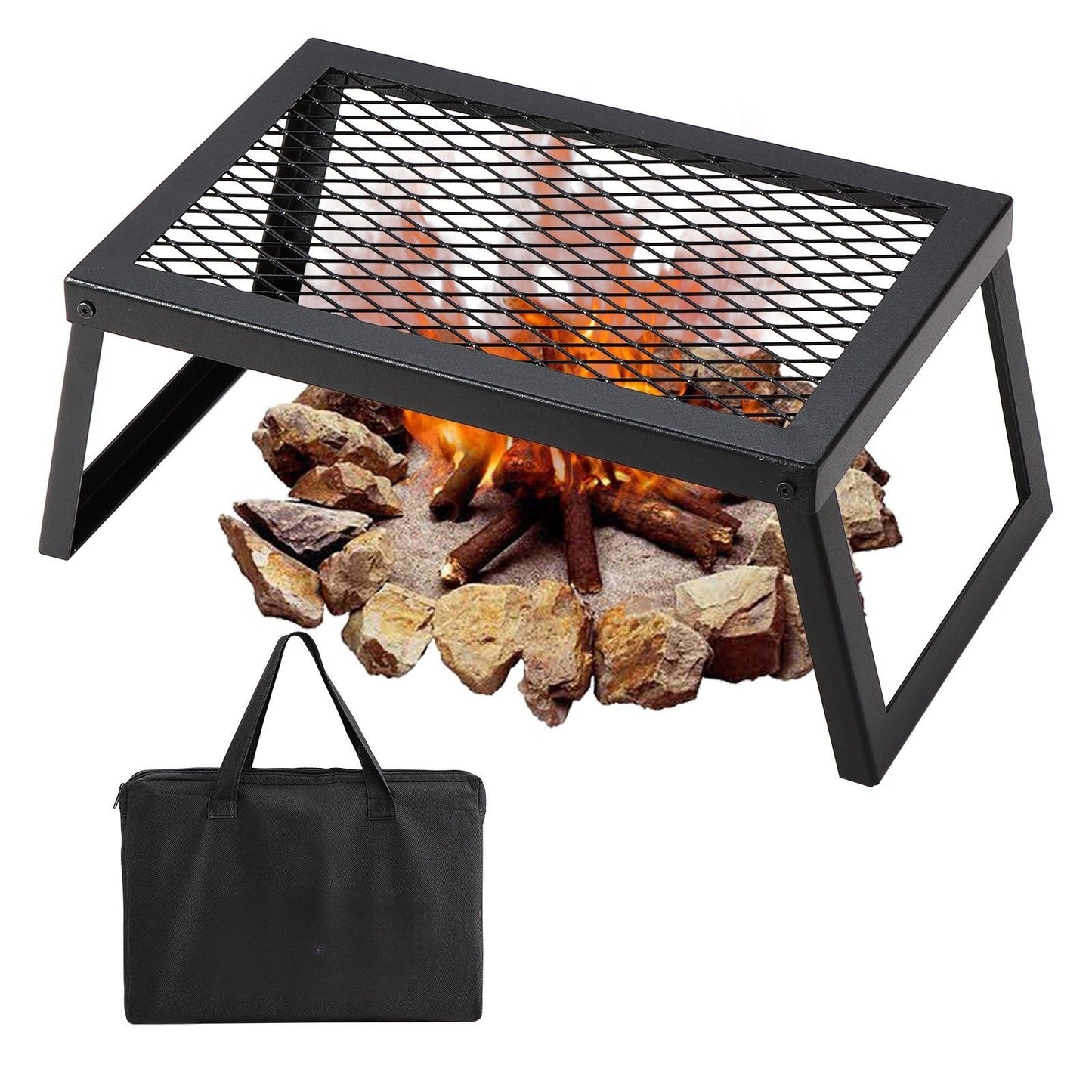 Folding bonfire barbecue grill, heavy-duty steel mesh grille, 18-inch portable camping grille above the fire pit, leg-carrying bag for campfire cooking equipment