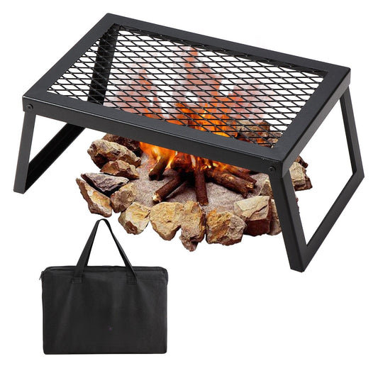 Folding bonfire barbecue grill, heavy-duty steel mesh grille, 18-inch portable camping grille above the fire pit, leg-carrying bag for campfire cooking equipment