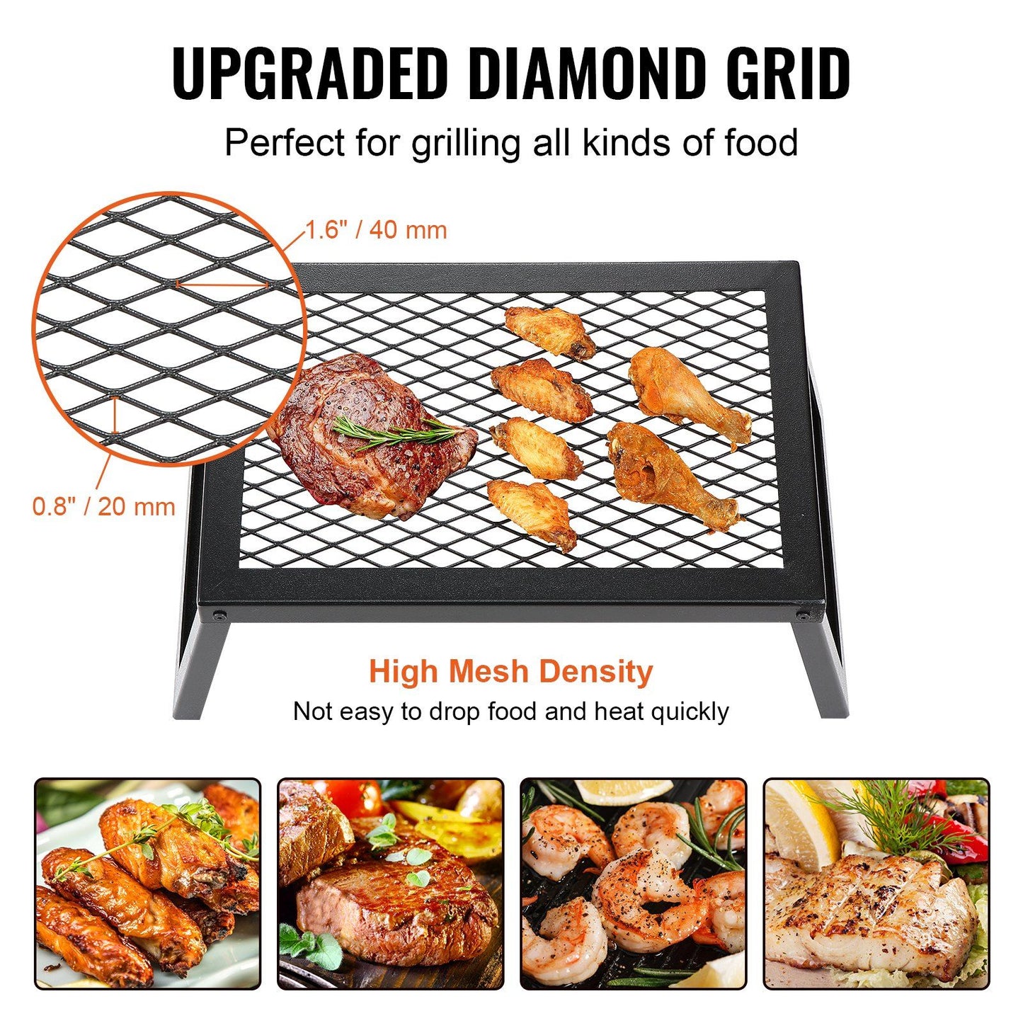 Folding bonfire barbecue grill, heavy-duty steel mesh grille, 18-inch portable camping grille above the fire pit, leg-carrying bag for campfire cooking equipment