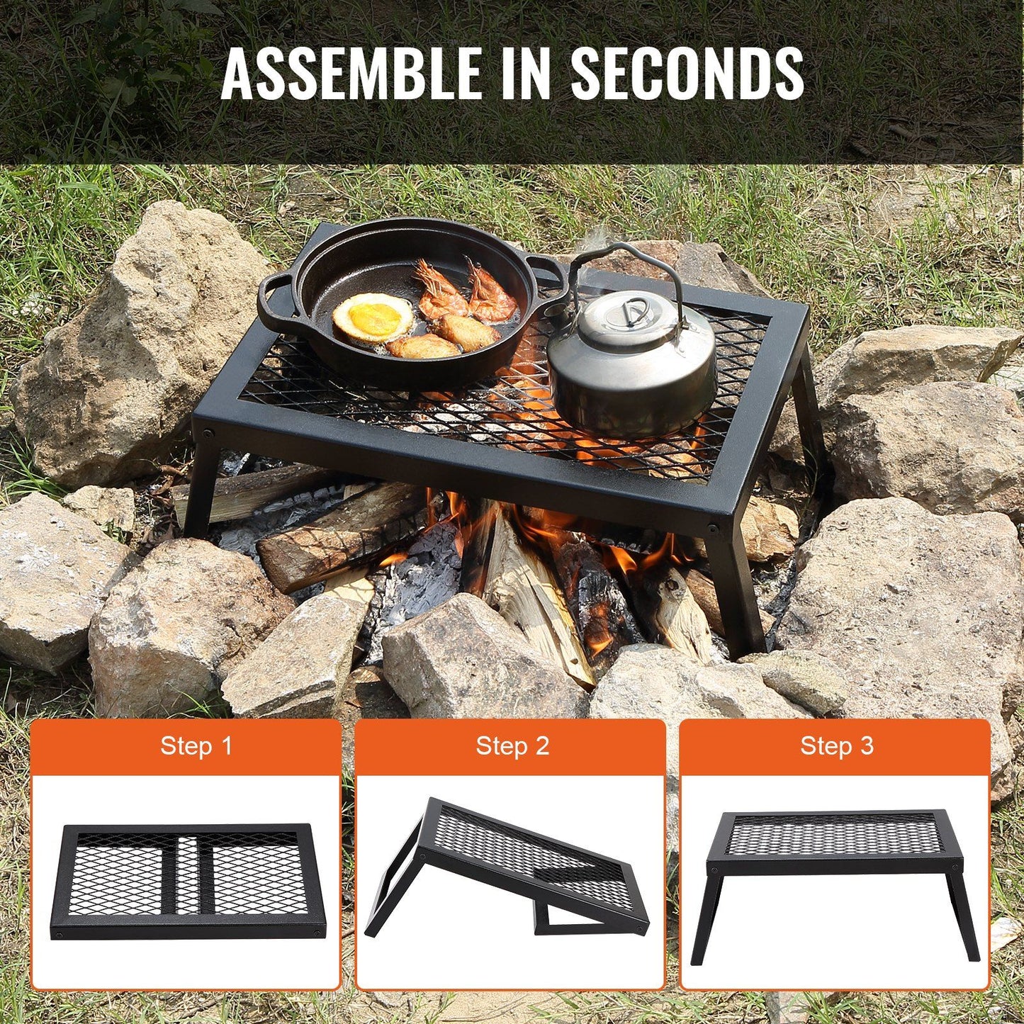 Folding bonfire barbecue grill, heavy-duty steel mesh grille, 18-inch portable camping grille above the fire pit, leg-carrying bag for campfire cooking equipment