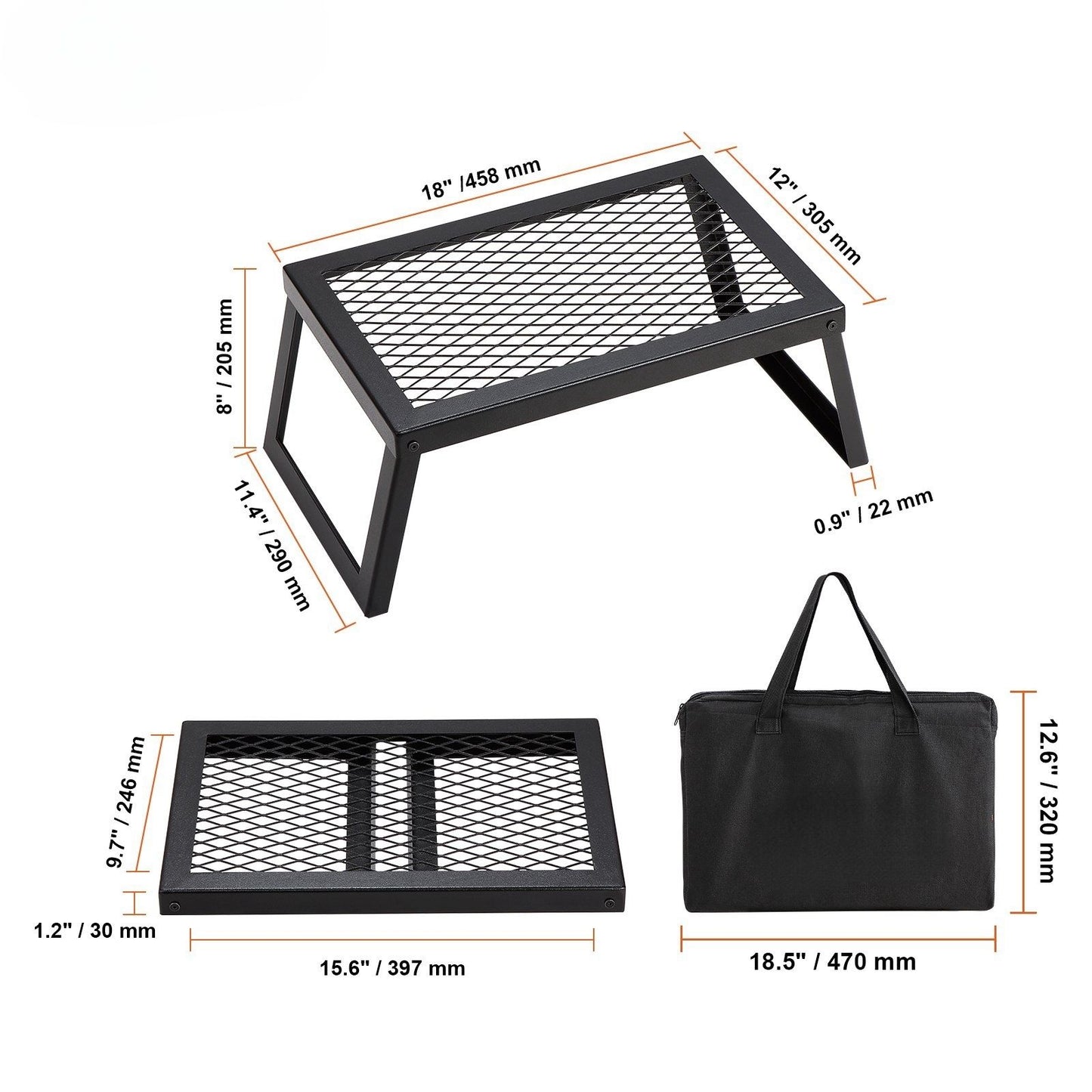 Folding bonfire barbecue grill, heavy-duty steel mesh grille, 18-inch portable camping grille above the fire pit, leg-carrying bag for campfire cooking equipment
