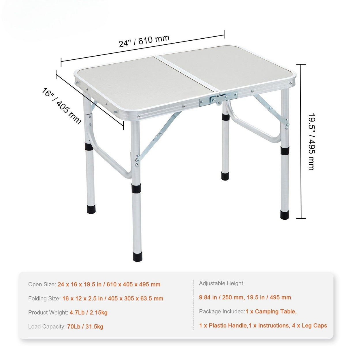 Folding camping table, adjustable height outdoor portable side table, lightweight folding table, aluminum and MDF ultra-compact workbench, suitable for cooking, beach, picnic and travel