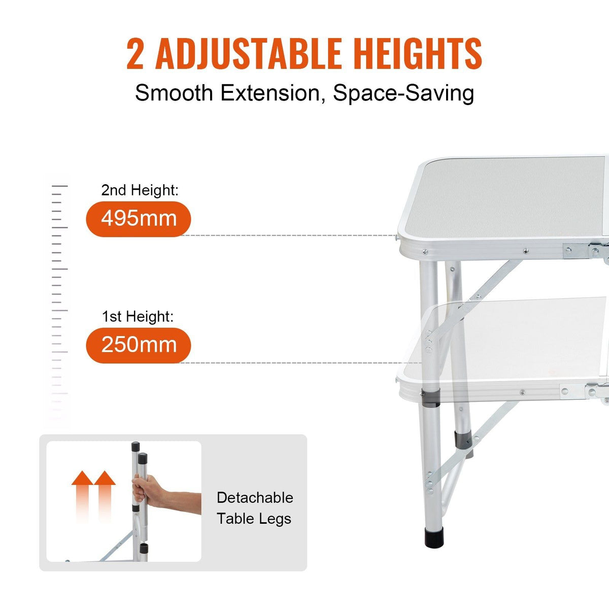Folding camping table, adjustable height outdoor portable side table, lightweight folding table, aluminum and MDF ultra-compact workbench, suitable for cooking, beach, picnic and travel