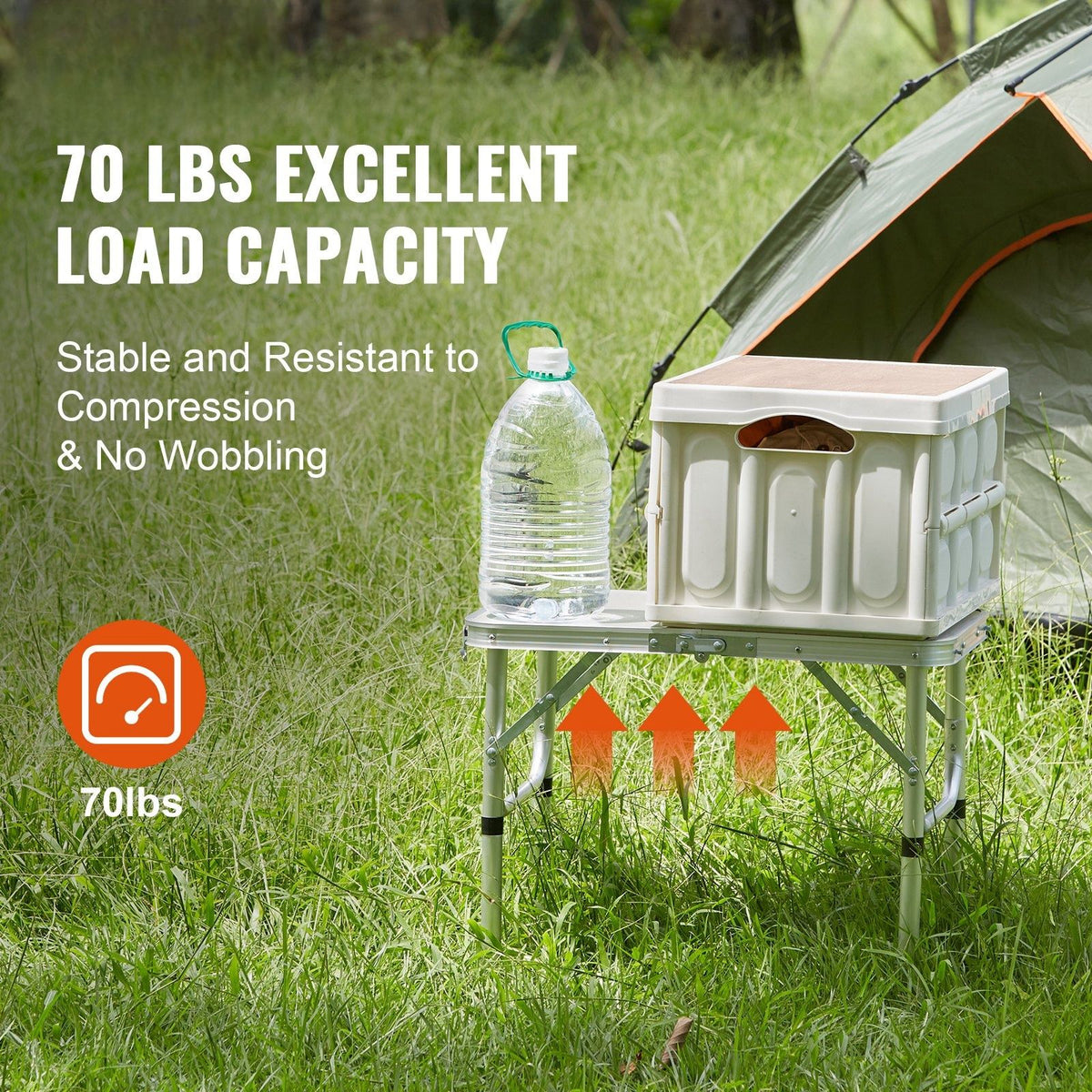 Folding camping table, adjustable height outdoor portable side table, lightweight folding table, aluminum and MDF ultra-compact workbench, suitable for cooking, beach, picnic and travel
