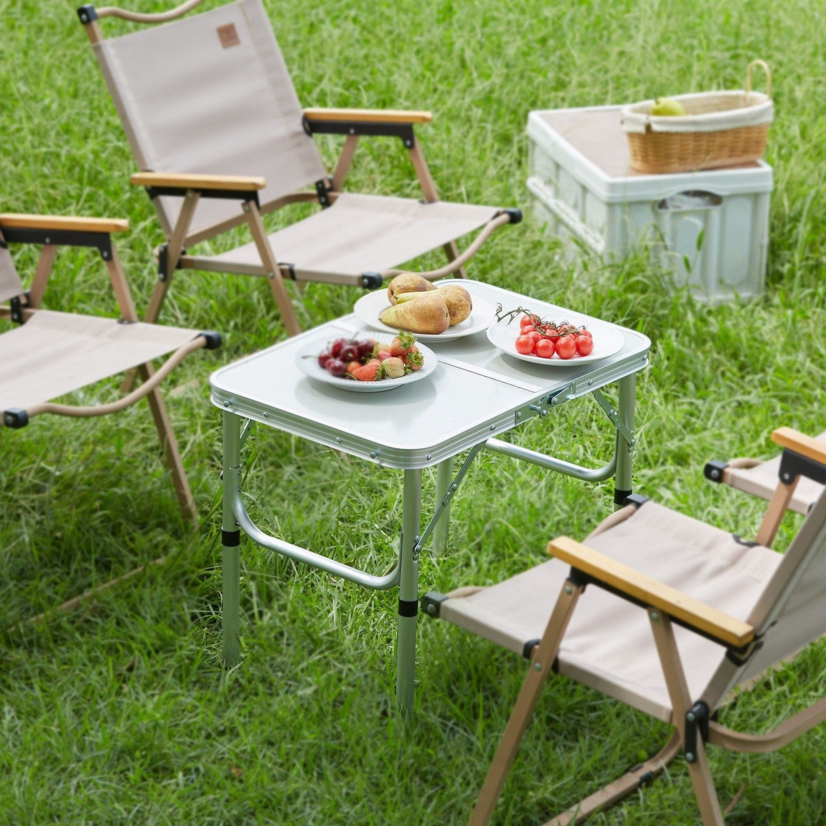 Folding camping table, adjustable height outdoor portable side table, lightweight folding table, aluminum and MDF ultra-compact workbench, suitable for cooking, beach, picnic and travel