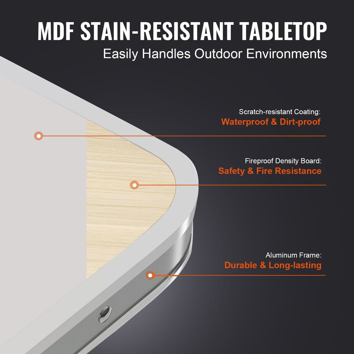 Folding camping table, adjustable height outdoor portable side table, lightweight folding table, aluminum and MDF ultra-compact workbench, suitable for cooking, beach, picnic and travel