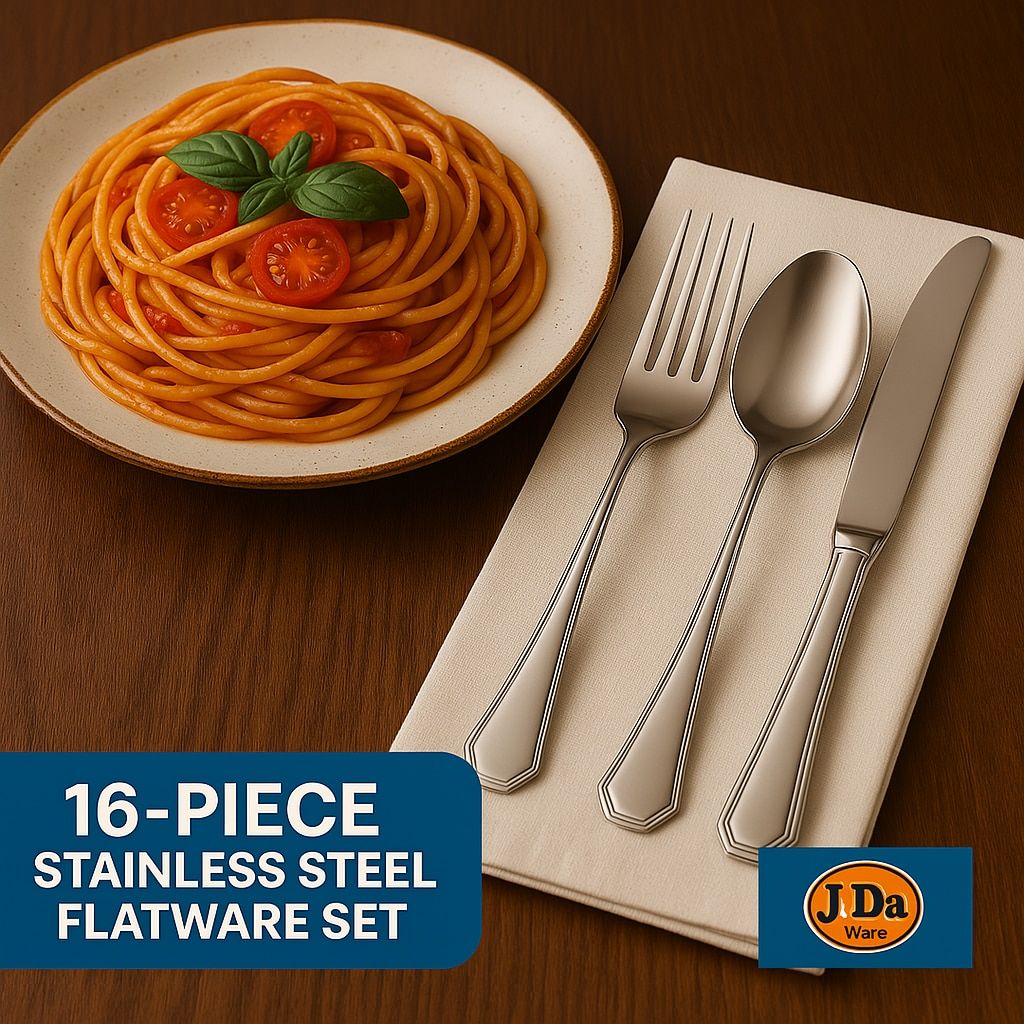 16-Piece Luxury Premium Silverware Dinnerware Tableware Set for Home - Stainless Steel Flatware Service for 4 with Forks, Knives, Spoons, and Teaspoons - Durable, Elegant, and Rust-Resistant Cutlery f