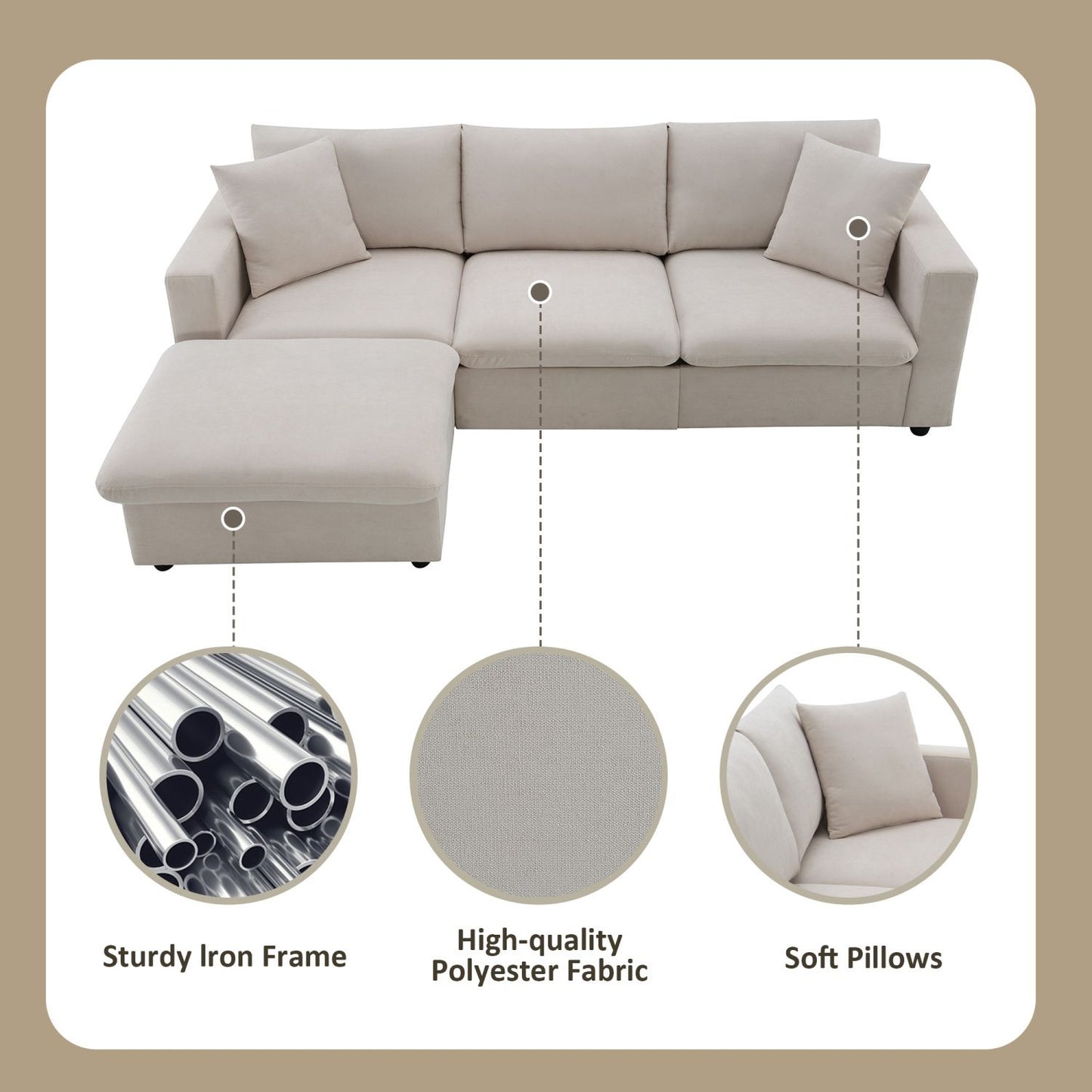 [VIDEO]101*66" Modern Sectional Sofa with Throw Pillows,Cloud L-shaped Couch Set with Wide Seat,4 seat Polyester Comfy Fabric Couch Set with Movable Ottoman for Living Room, Apartment, Office,4 Colors