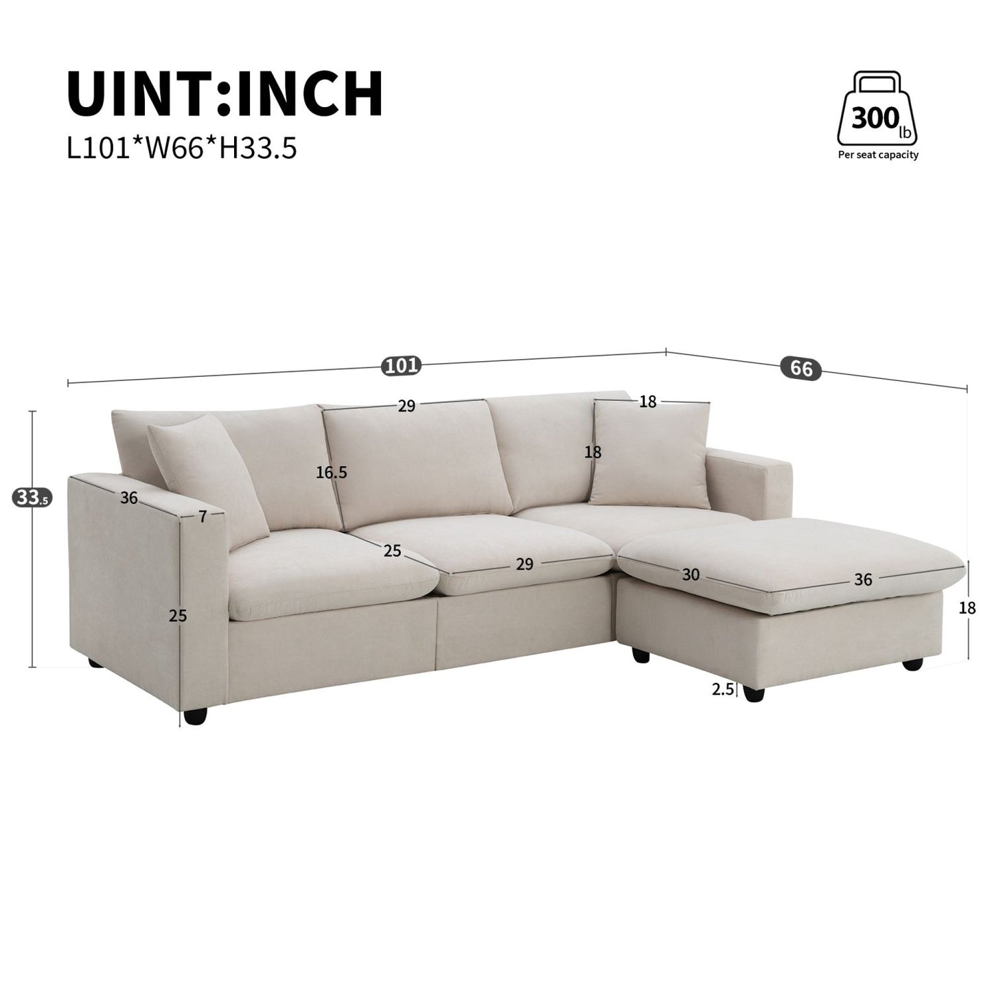 [VIDEO]101*66" Modern Sectional Sofa with Throw Pillows,Cloud L-shaped Couch Set with Wide Seat,4 seat Polyester Comfy Fabric Couch Set with Movable Ottoman for Living Room, Apartment, Office,4 Colors