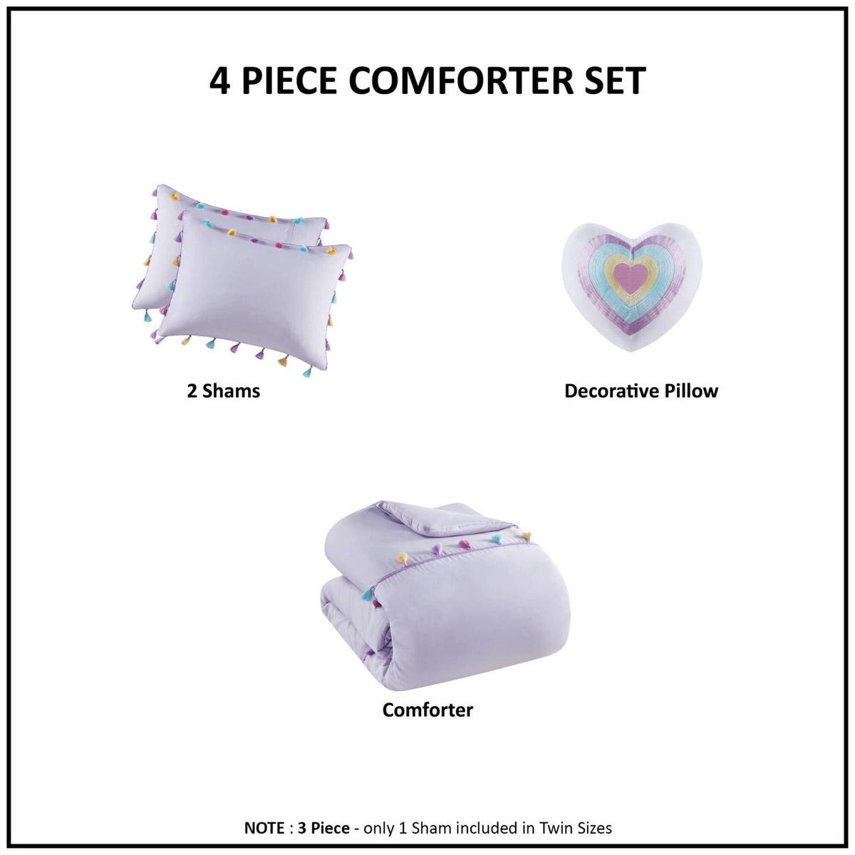 Tassel Comforter Set with Heart Shaped Throw Pillow Full/Queen