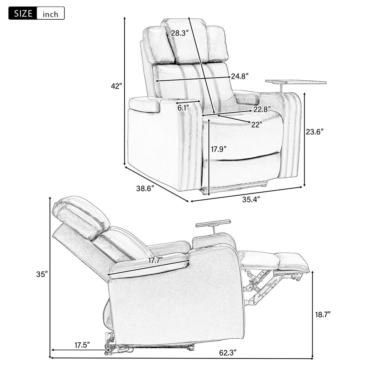PU Leather Power Recliner Individual Seat Home Theater Recliner with Cooling Cup Holder, Bluetooth Speaker, LED Lights, USB Ports, Tray Table, Arm Storage for Living Room, Black