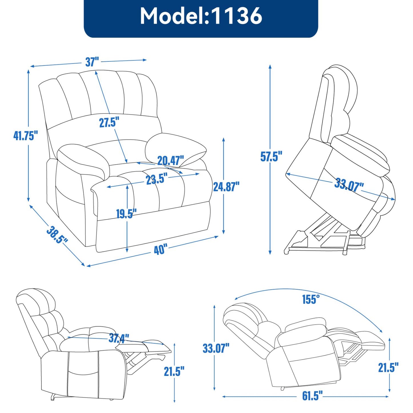 23" Seat Width and High Back Large Size Blue Grey Chenille Power Lift Recliner Chair with 8-Point Vibration Massage and Lumbar Heating