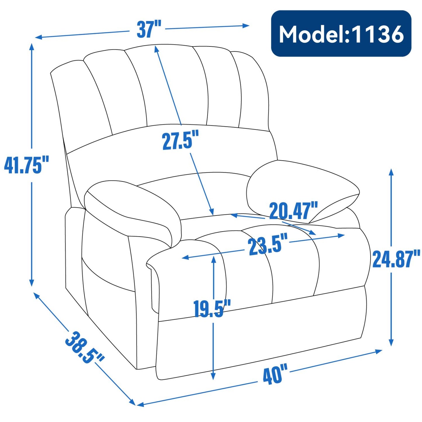 23" Seat Width and High Back Large Size Blue Grey Chenille Power Lift Recliner Chair with 8-Point Vibration Massage and Lumbar Heating