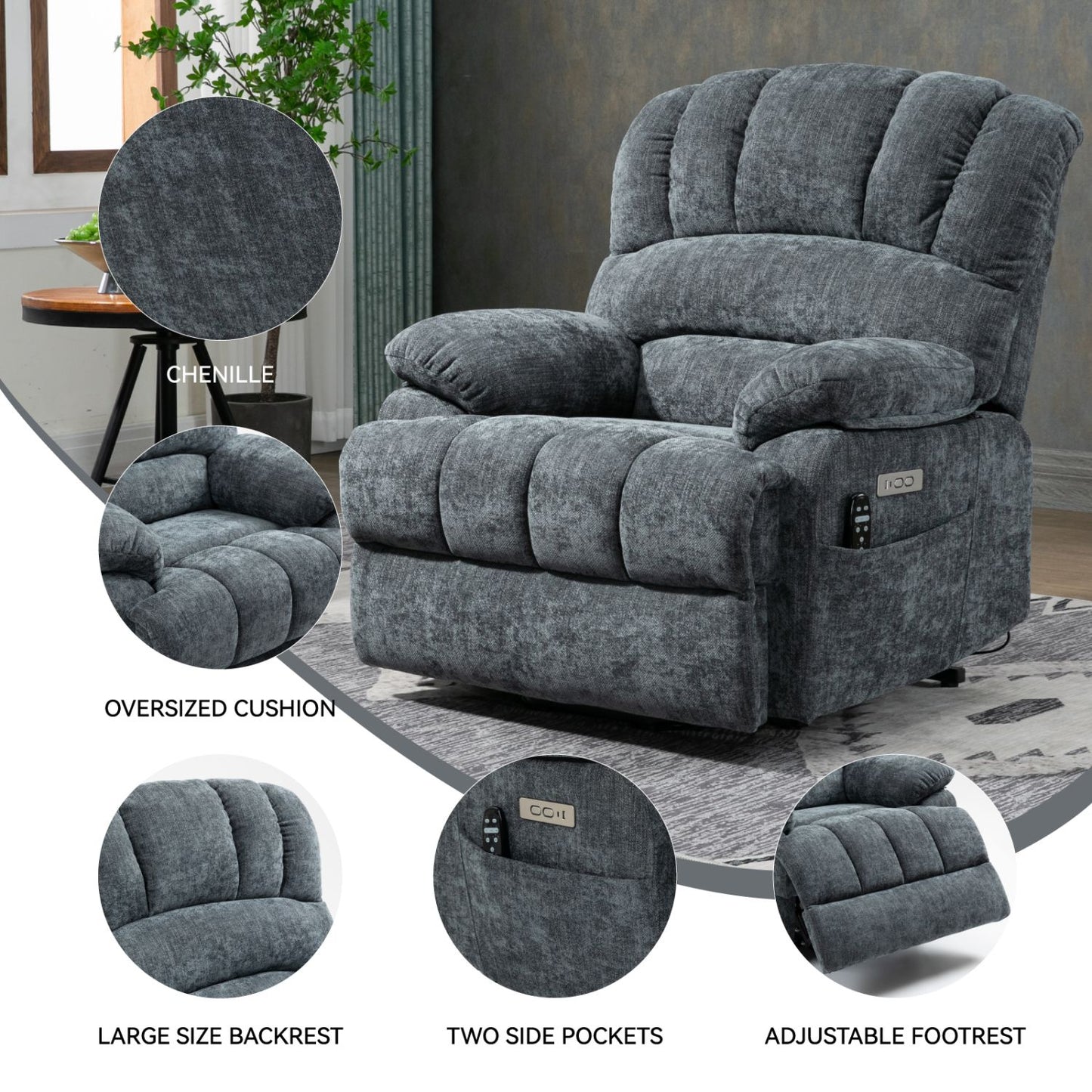 23" Seat Width and High Back Large Size Blue Grey Chenille Power Lift Recliner Chair with 8-Point Vibration Massage and Lumbar Heating