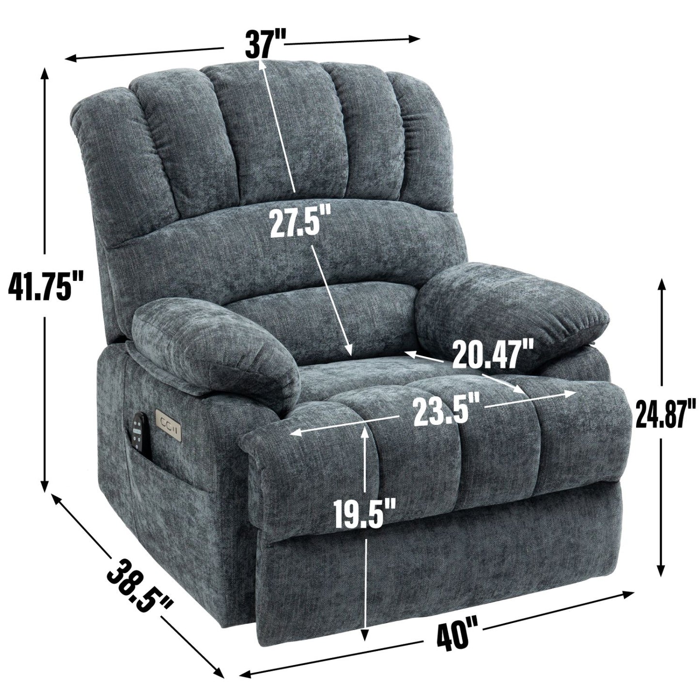 23" Seat Width and High Back Large Size Blue Grey Chenille Power Lift Recliner Chair with 8-Point Vibration Massage and Lumbar Heating