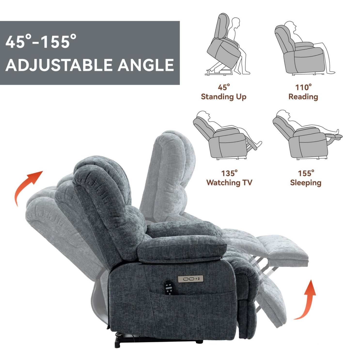 23" Seat Width and High Back Large Size Blue Grey Chenille Power Lift Recliner Chair with 8-Point Vibration Massage and Lumbar Heating