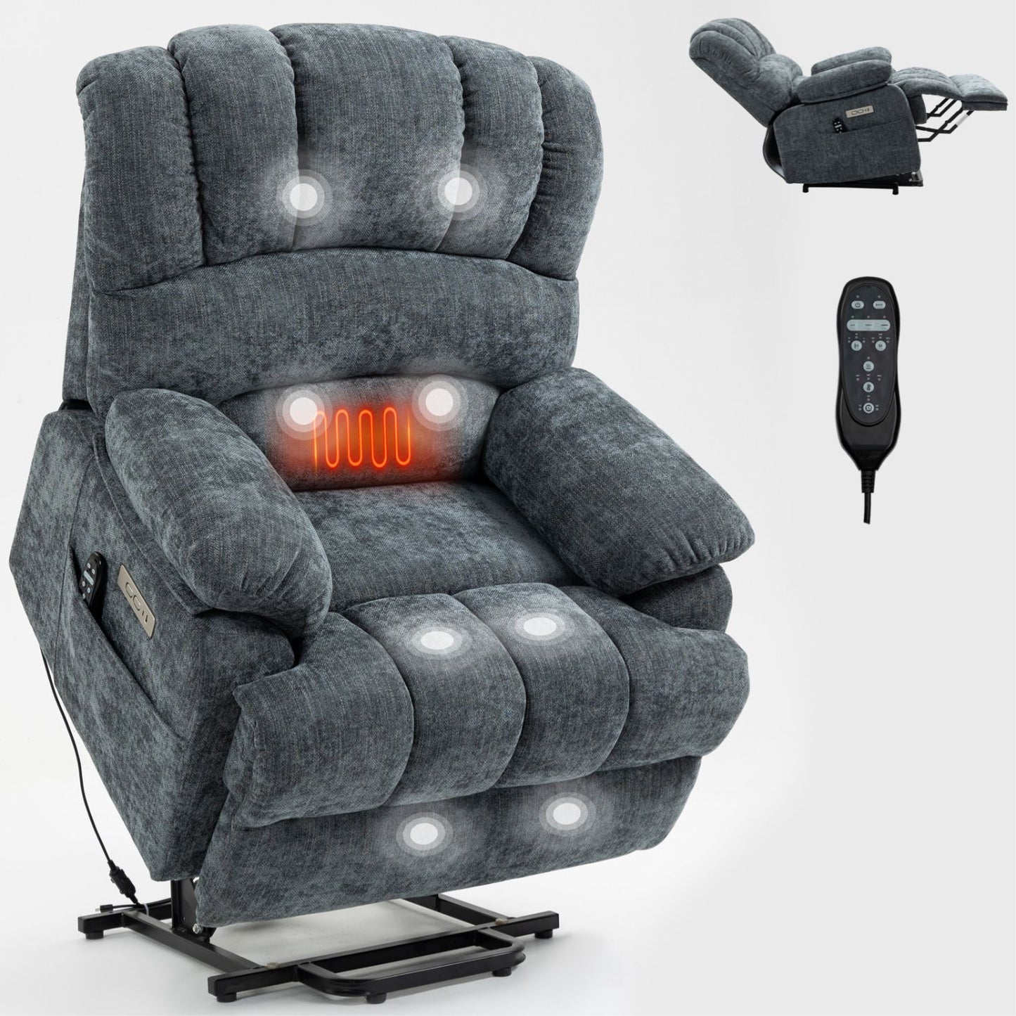 23" Seat Width and High Back Large Size Blue Grey Chenille Power Lift Recliner Chair with 8-Point Vibration Massage and Lumbar Heating
