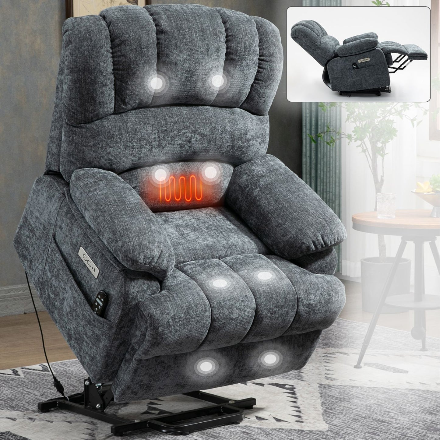 23" Seat Width and High Back Large Size Blue Grey Chenille Power Lift Recliner Chair with 8-Point Vibration Massage and Lumbar Heating