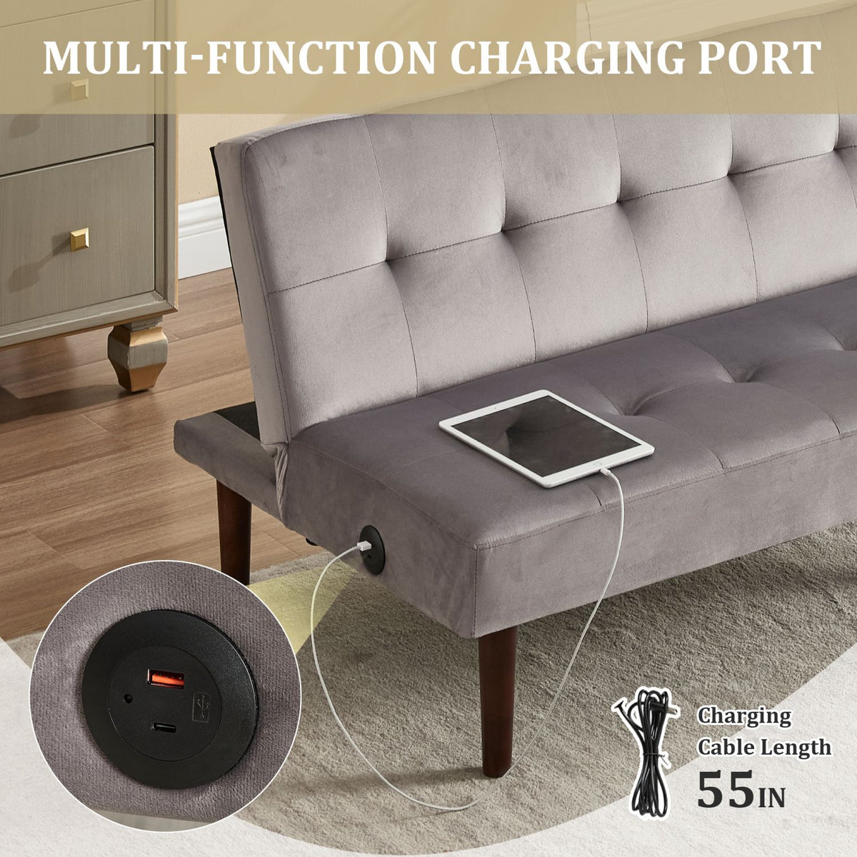 Foldable Fashion Sofa Bed High End Flannel Fabric Back Adjustable Sofa Recliner Futon, Modern Fashion Sofa with Charging Port, Suitable for Living Room Bedroom Office (Gray)