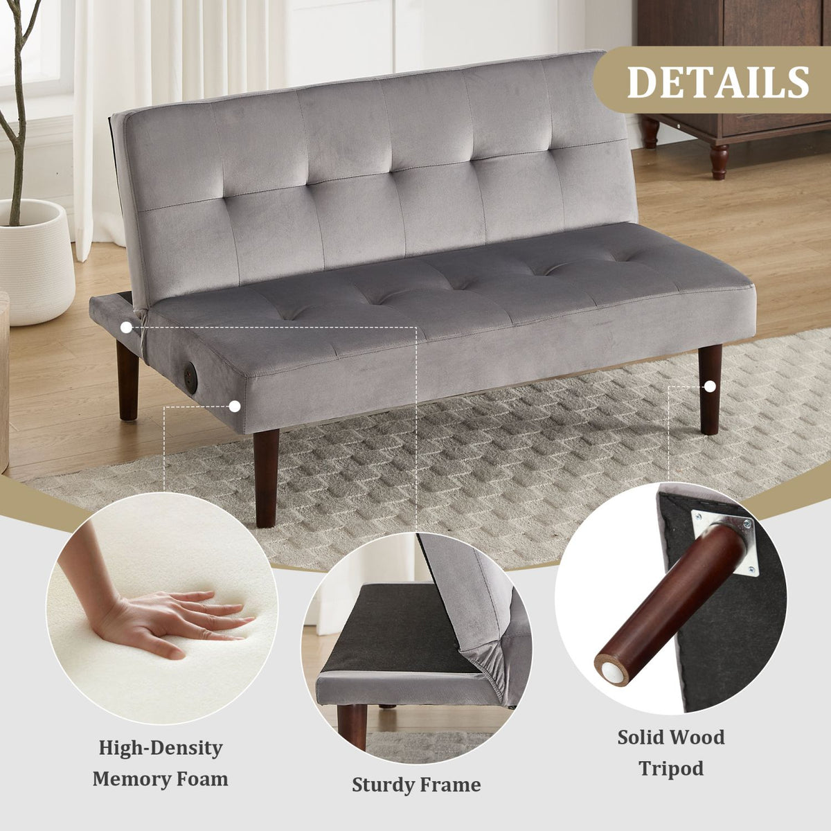 Foldable Fashion Sofa Bed High End Flannel Fabric Back Adjustable Sofa Recliner Futon, Modern Fashion Sofa with Charging Port, Suitable for Living Room Bedroom Office (Gray)