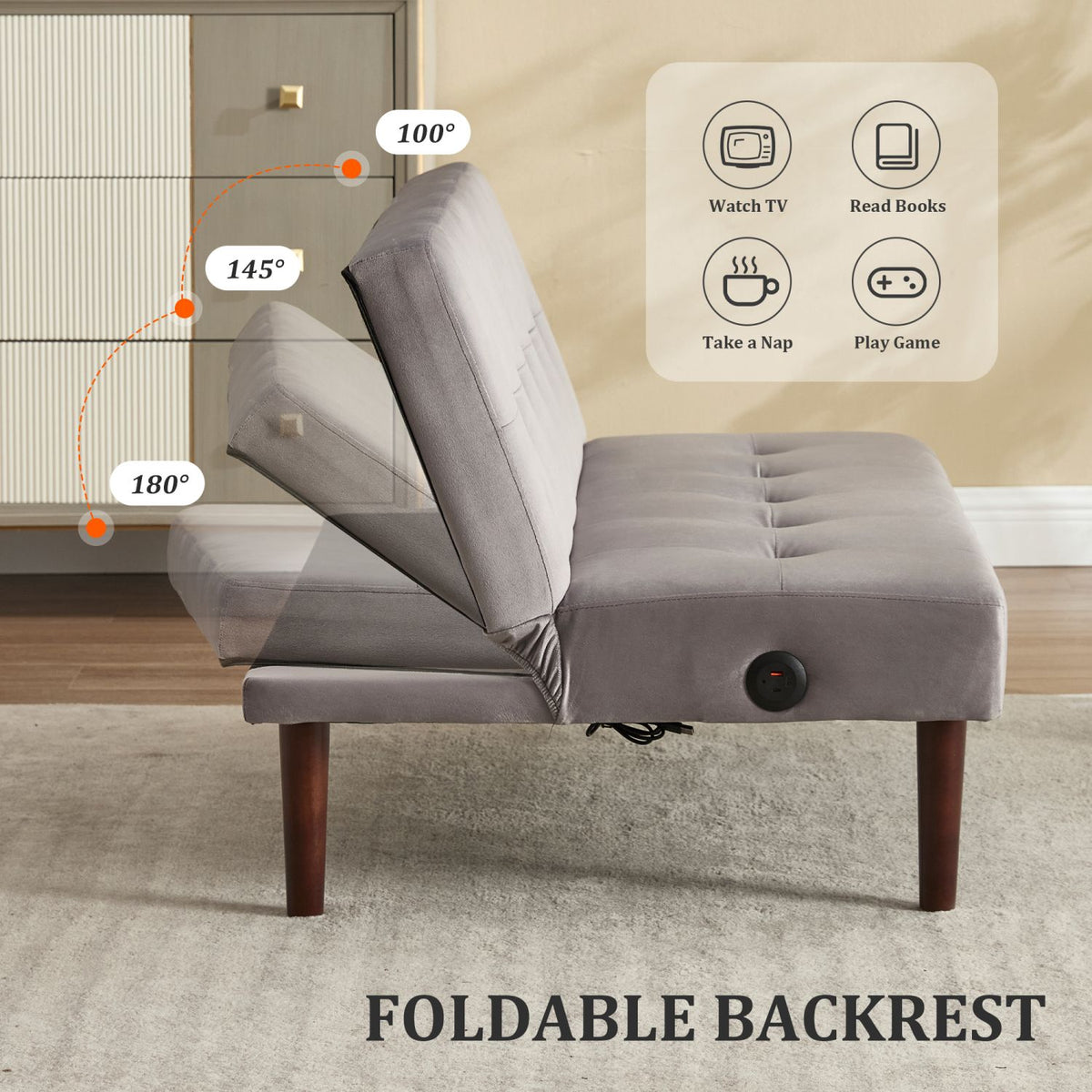 Foldable Fashion Sofa Bed High End Flannel Fabric Back Adjustable Sofa Recliner Futon, Modern Fashion Sofa with Charging Port, Suitable for Living Room Bedroom Office (Gray)
