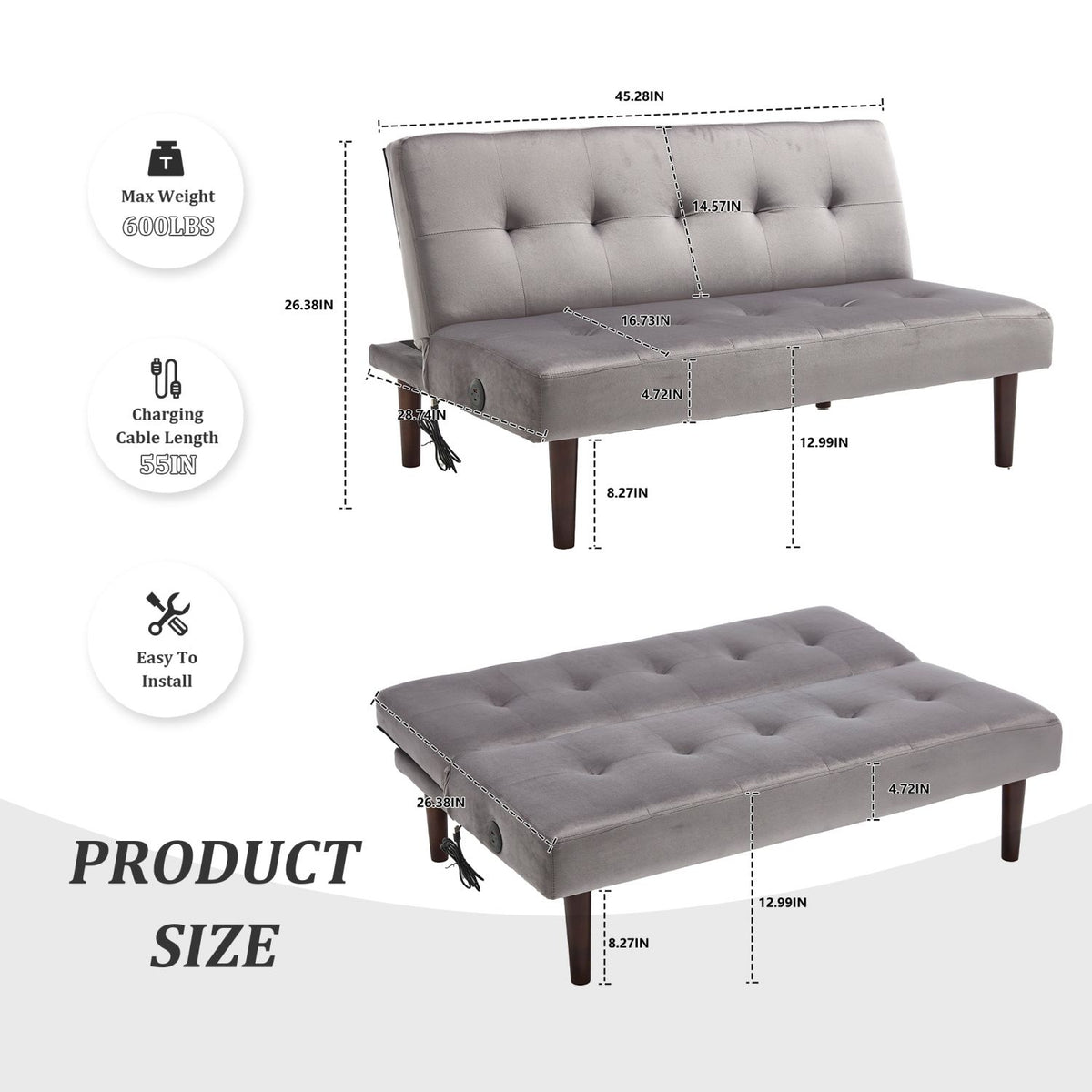 Foldable Fashion Sofa Bed High End Flannel Fabric Back Adjustable Sofa Recliner Futon, Modern Fashion Sofa with Charging Port, Suitable for Living Room Bedroom Office (Gray)