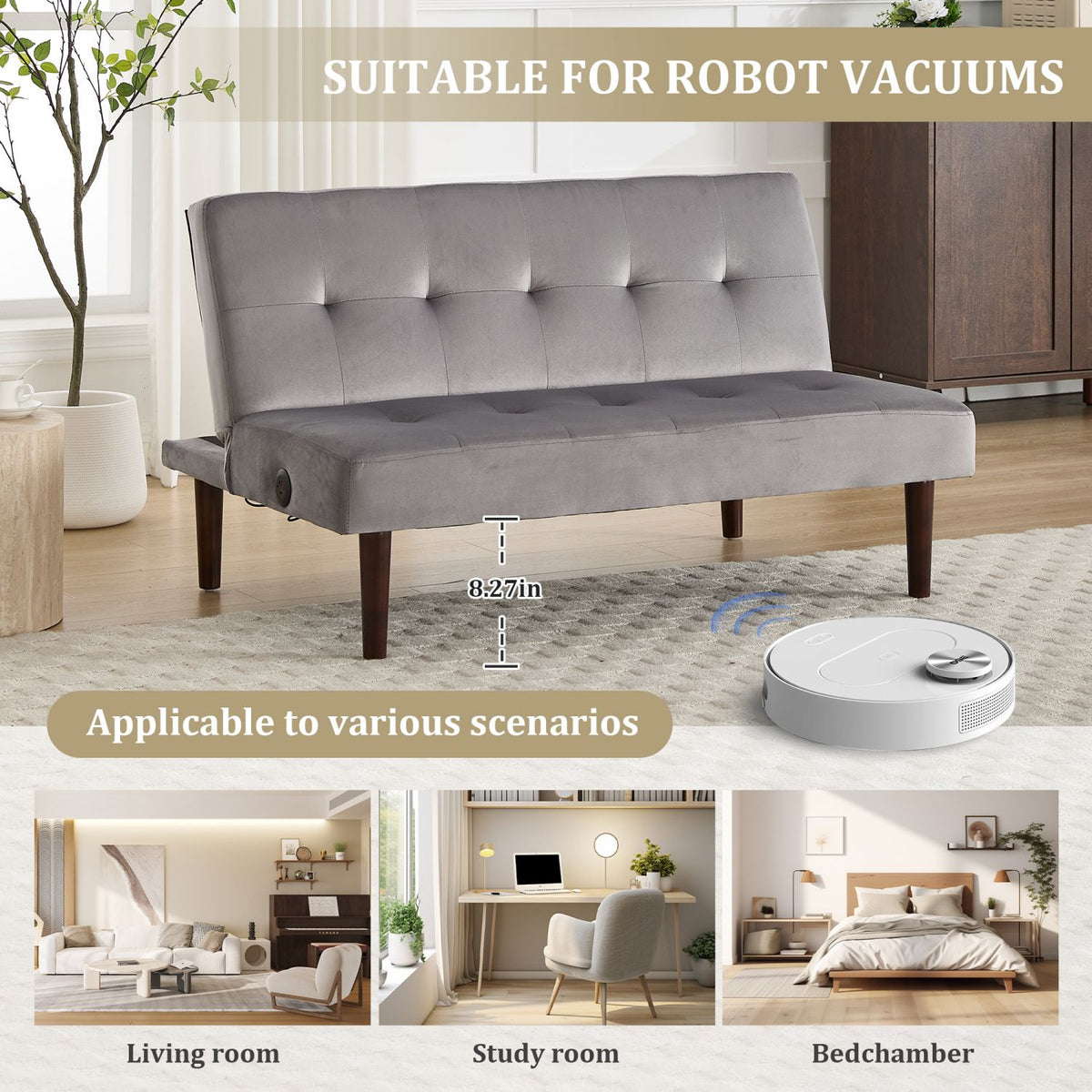 Foldable Fashion Sofa Bed High End Flannel Fabric Back Adjustable Sofa Recliner Futon, Modern Fashion Sofa with Charging Port, Suitable for Living Room Bedroom Office (Gray)