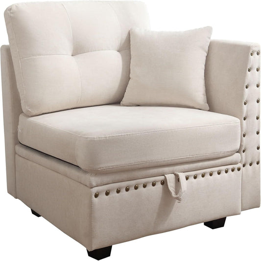 Vintage Modular Sectional Sofa, Convertible Multiple Combination Sofa Couch with Storage, Memory Foam, Vintage Copper Nail Modular Sectionals L-Row Module Beige (1 side stool)