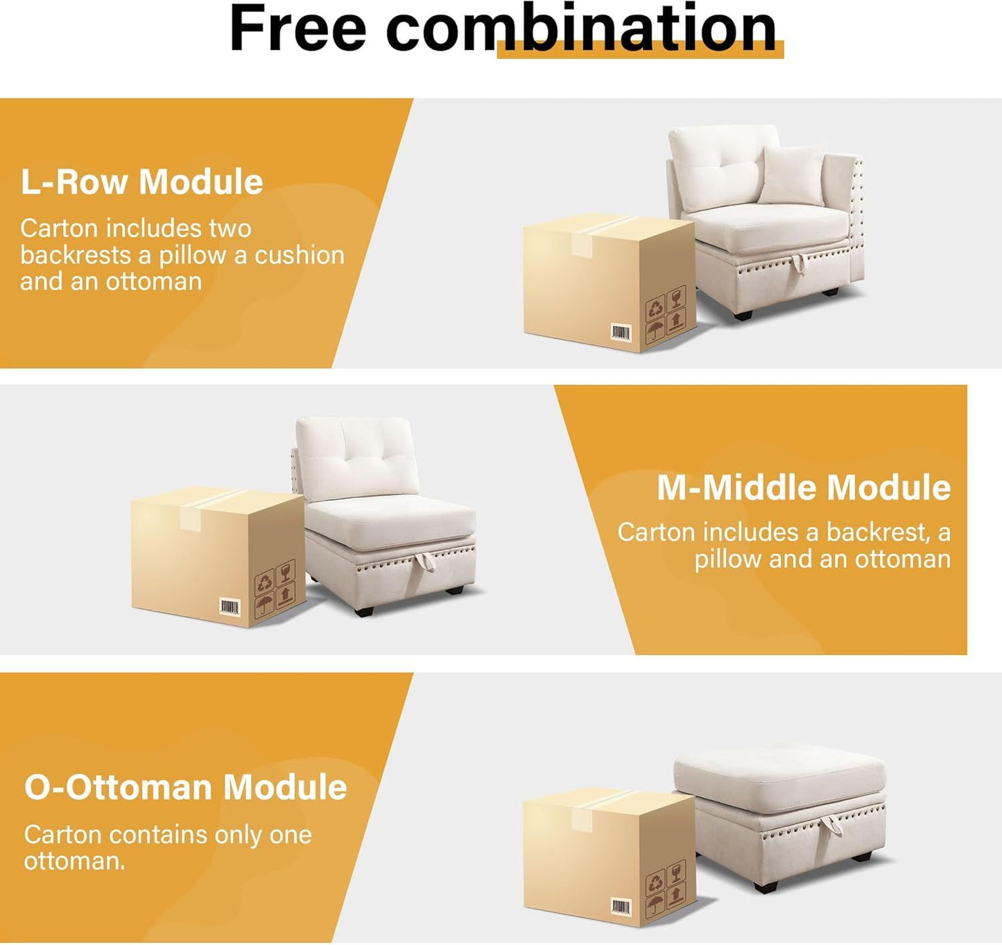 Vintage Modular Sectional Sofa, Convertible Multiple Combination Sofa Couch with Storage, Memory Foam, Vintage Copper Nail Modular Sectionals L-Row Module Beige (1 side stool)