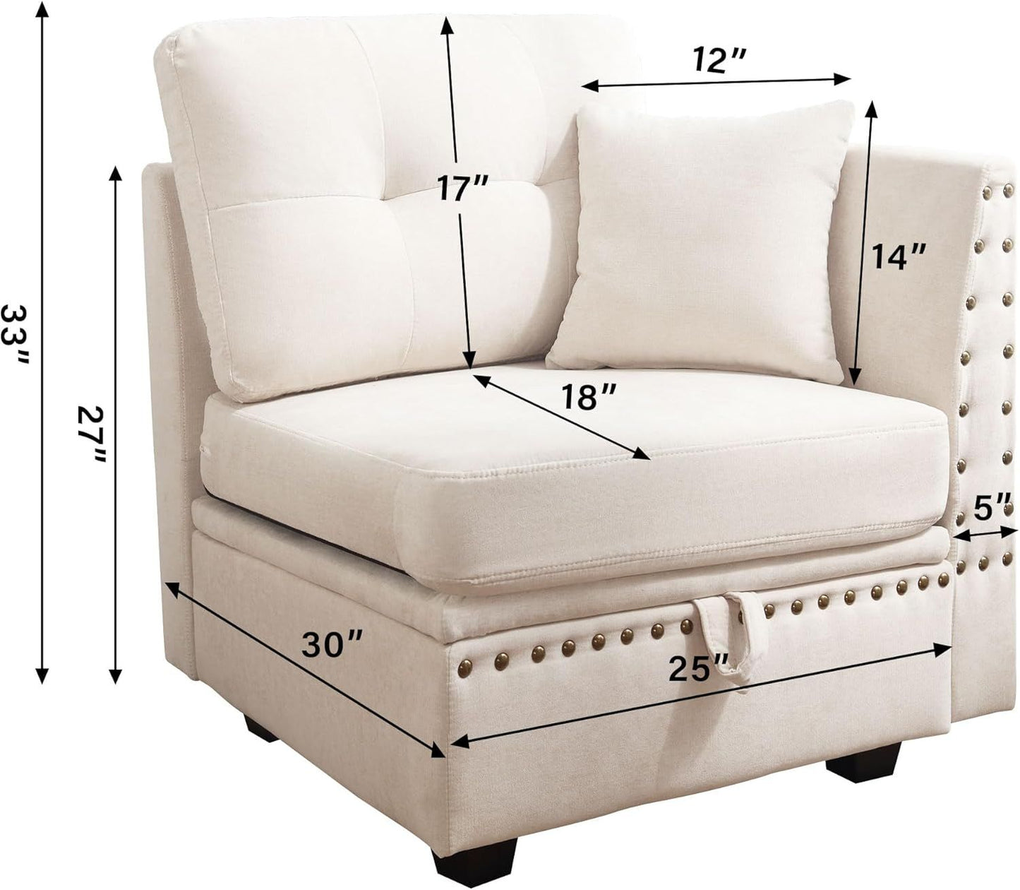 Vintage Modular Sectional Sofa, Convertible Multiple Combination Sofa Couch with Storage, Memory Foam, Vintage Copper Nail Modular Sectionals L-Row Module Beige (1 side stool)