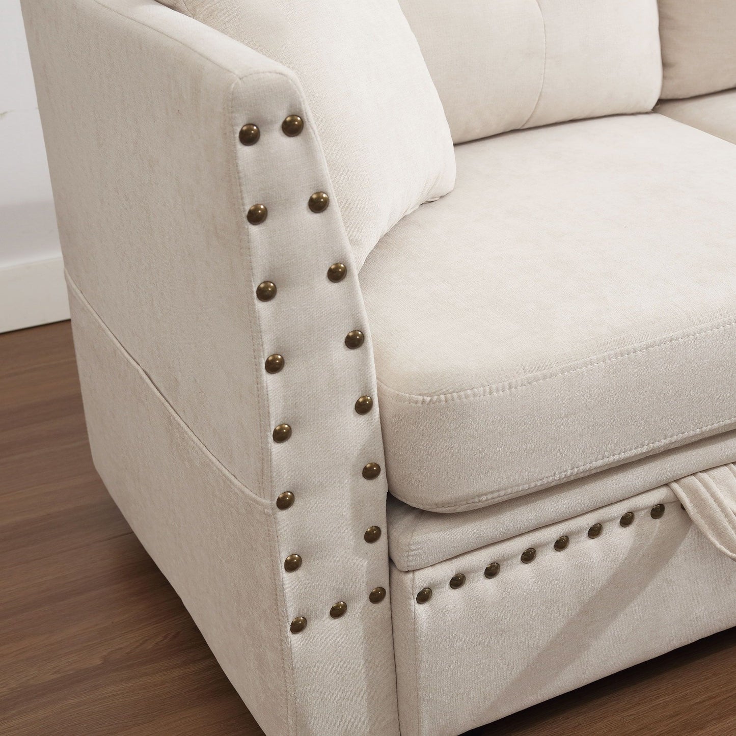Vintage Modular Sectional Sofa, Convertible Multiple Combination Sofa Couch with Storage, Memory Foam, Vintage Copper Nail Modular Sectionals L-Row Module Beige (1 side stool)