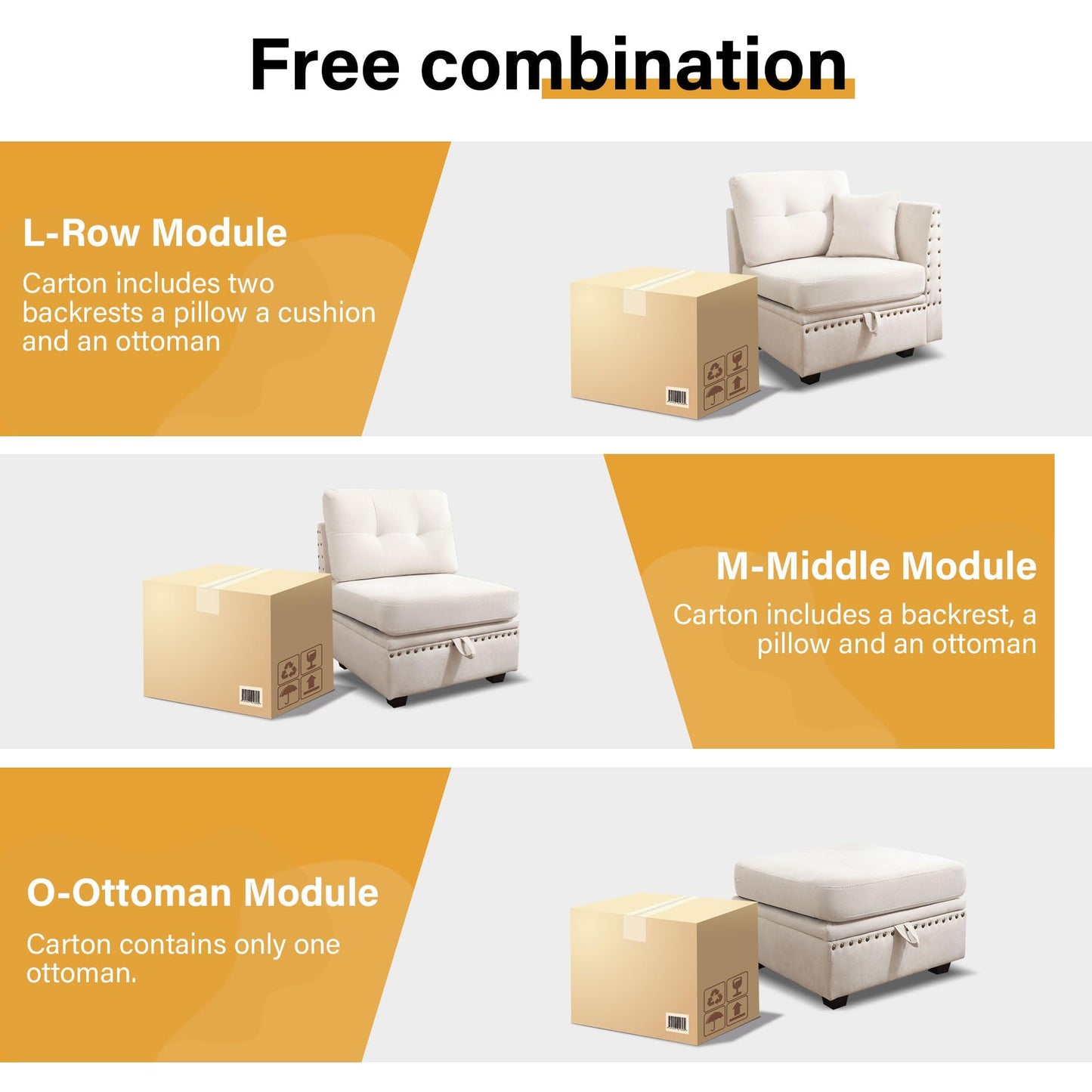 Vintage Modular Sectional Sofa, Convertible Multiple Combination Sofa Couch with Storage, Memory Foam, Vintage Copper Nail Modular Sectionals M-Middle Module Beige (1 middle stool)