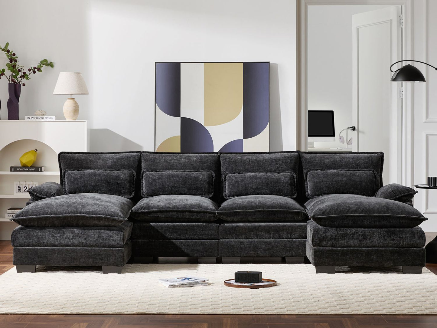 110*55" Modern Modular U-shaped Sectional Sofa with Waist Pillows,6 Seat Upholstered Symmetrical Indoor Furniture,Comfy Chenille Cloud Couch Set with Chaise Lounge for Living Room,Apartment,5 Colours