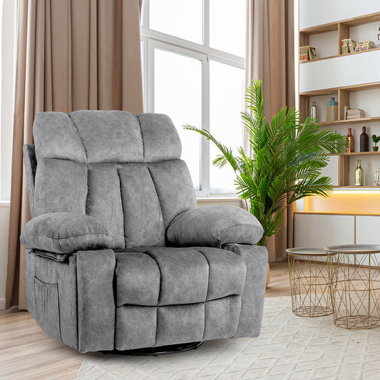 Massage Swivel Rocker Recliner Chair, Massage Chair for Living Room with Vibrating Massage and Heating Function, Ergonomic Lounge Chair with Rocking Function and Side Pocket, USB Charging Port(Grey)
