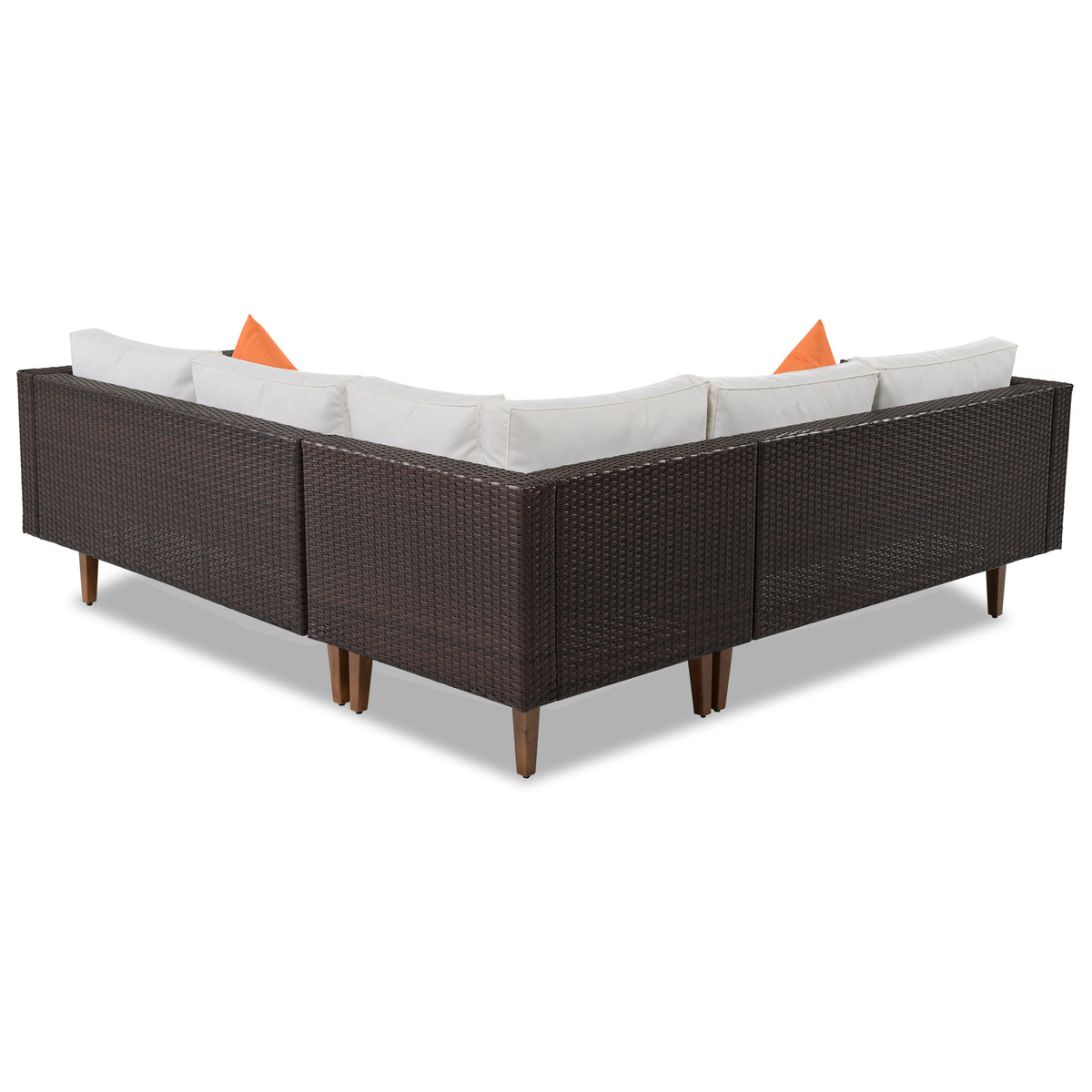 4-pieces Outdoor Wicker Sofa Set; Patio Furniture with Colorful Pillows; L-shape sofa set; Beige cushions and Brown Rattan