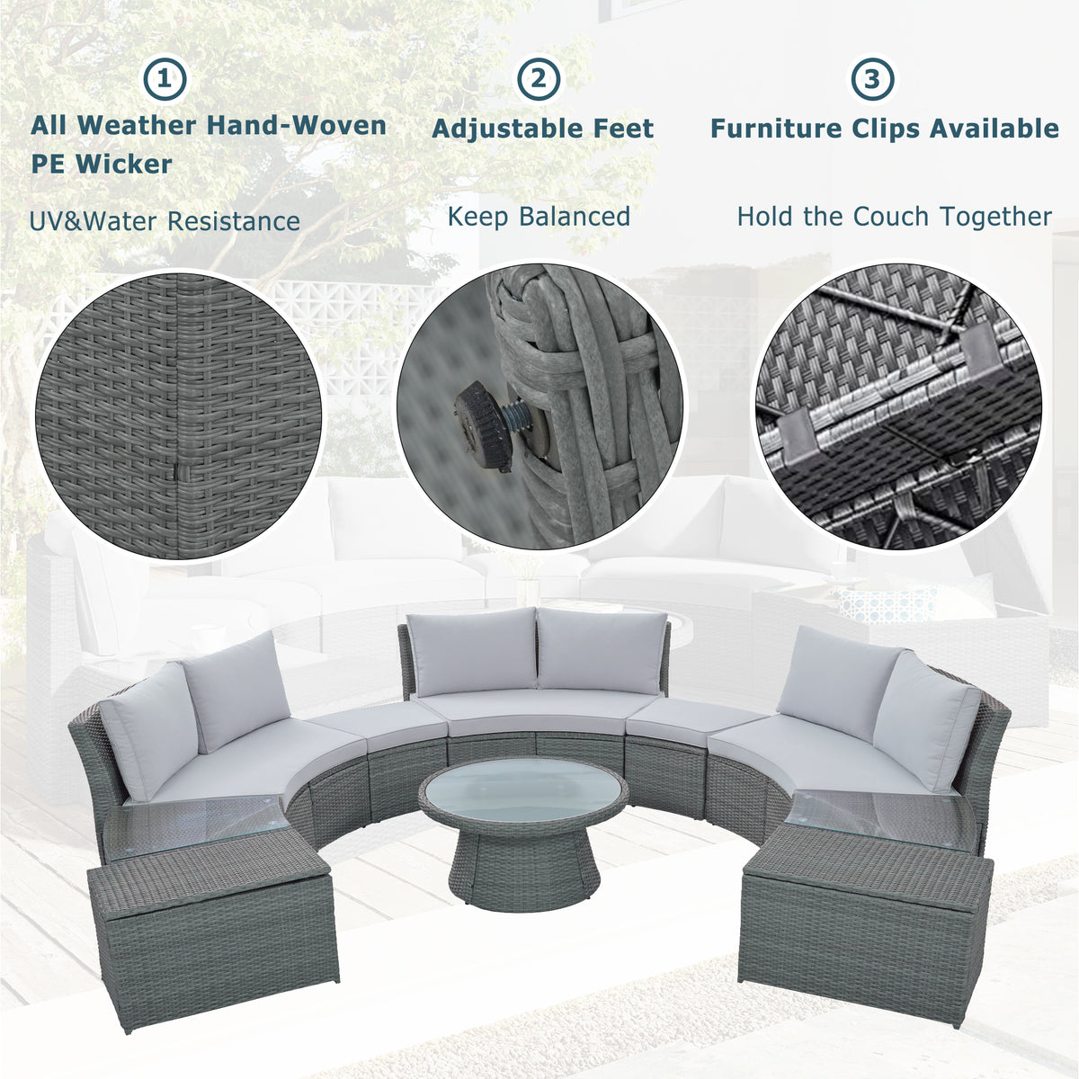 10-Piece Outdoor Sectional Half Round Patio Rattan Sofa Set; PE Wicker Conversation Furniture Set for Free Combination; Light Gray