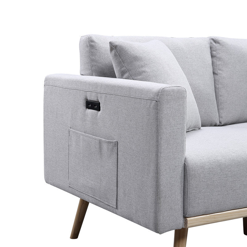 Easton 32.5" Light Gray Linen Fabric Chair with USB Charging Ports Pockets & Pillows