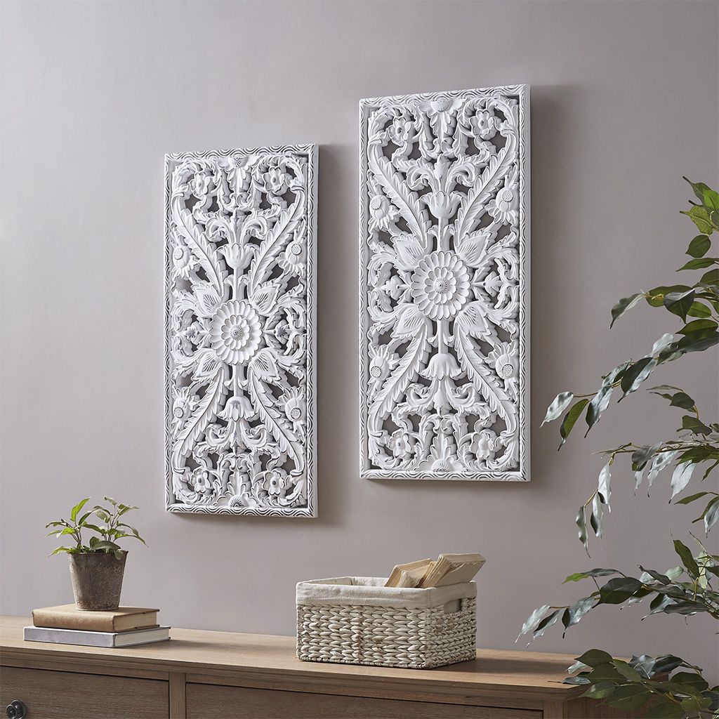 Distressed Carved Wood 2-piece Wall Decor Set