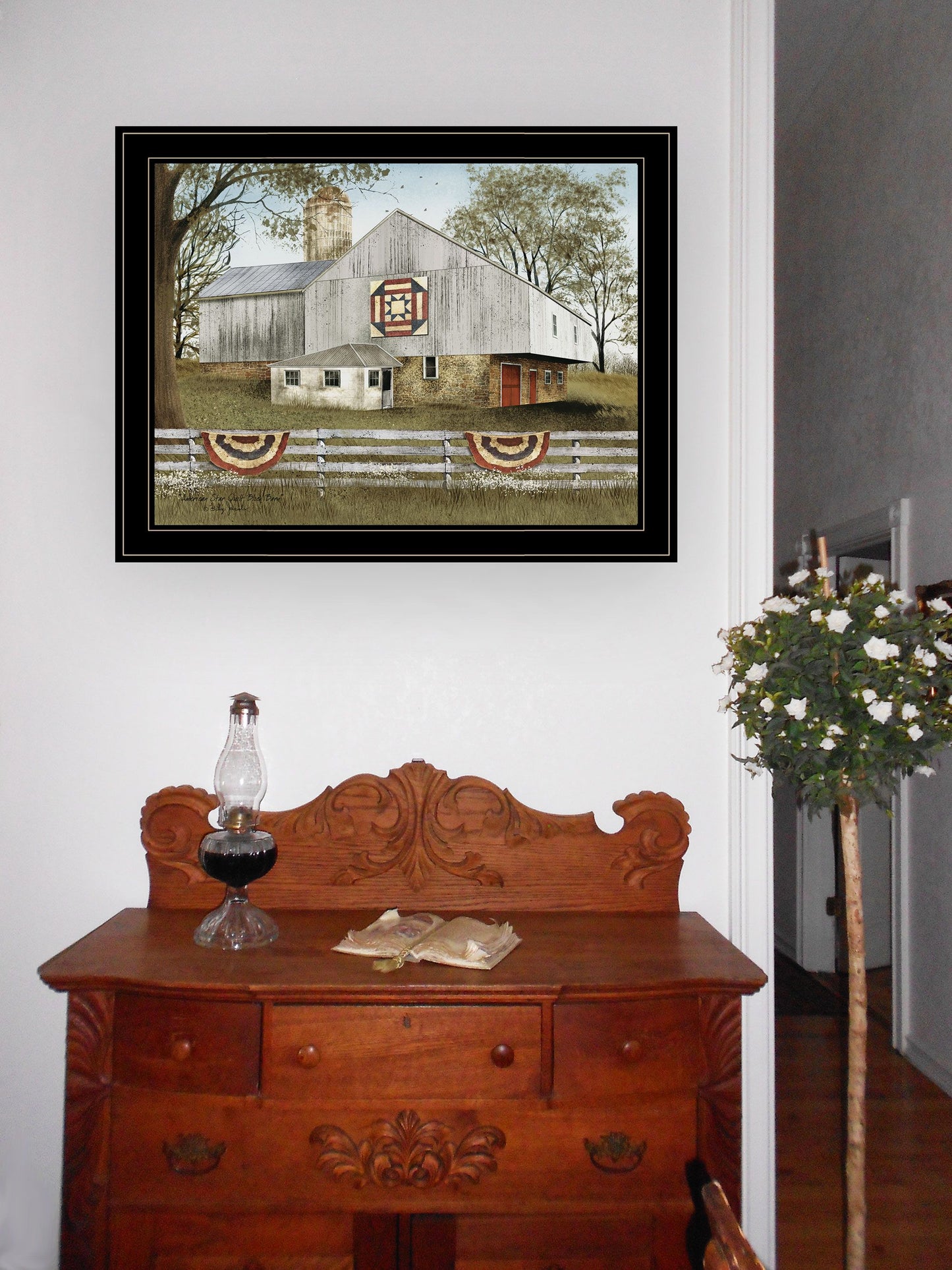 Trendy Decor 4U "American Star Quilt Block Barn" Framed Wall Art, Modern Home Decor Framed Print for Living Room, Bedroom & Farmhouse Wall Decoration by Billy Jacobs