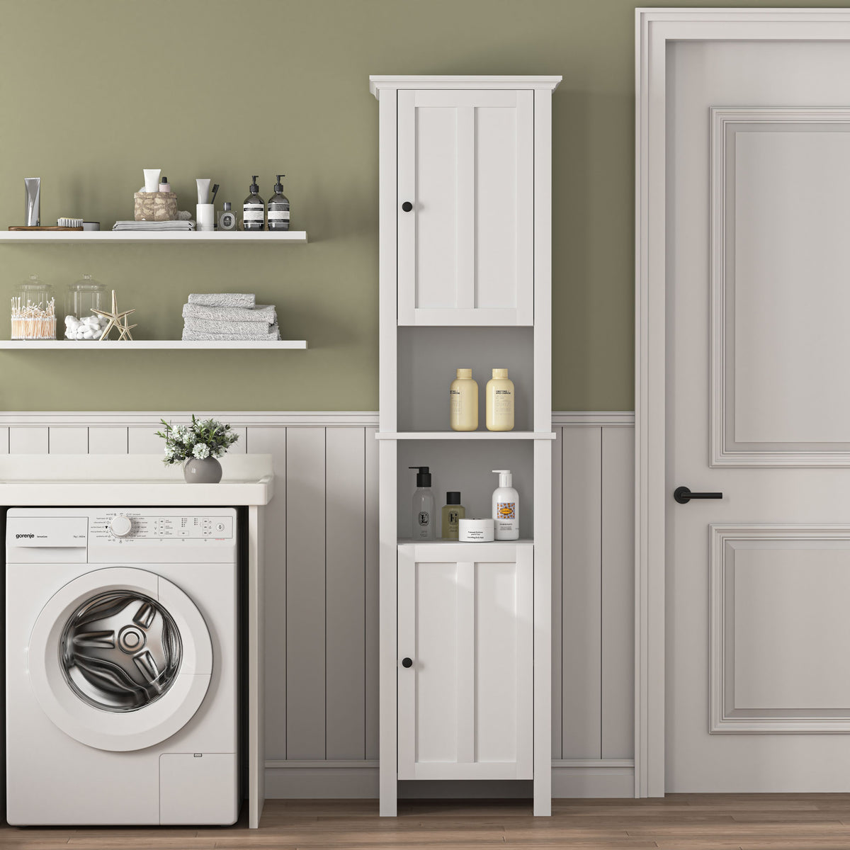 Bathroom Floor Storage Cabinet with 2 Doors Living Room Wooden Cabinet with 6 Shelves 15.75 x 11.81 x 66.93 inch