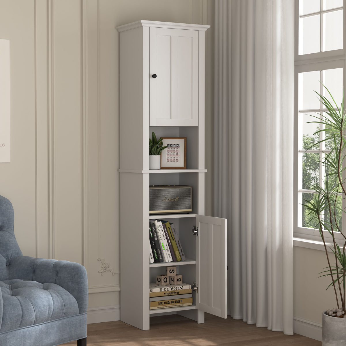Bathroom Floor Storage Cabinet with 2 Doors Living Room Wooden Cabinet with 6 Shelves 15.75 x 11.81 x 66.93 inch