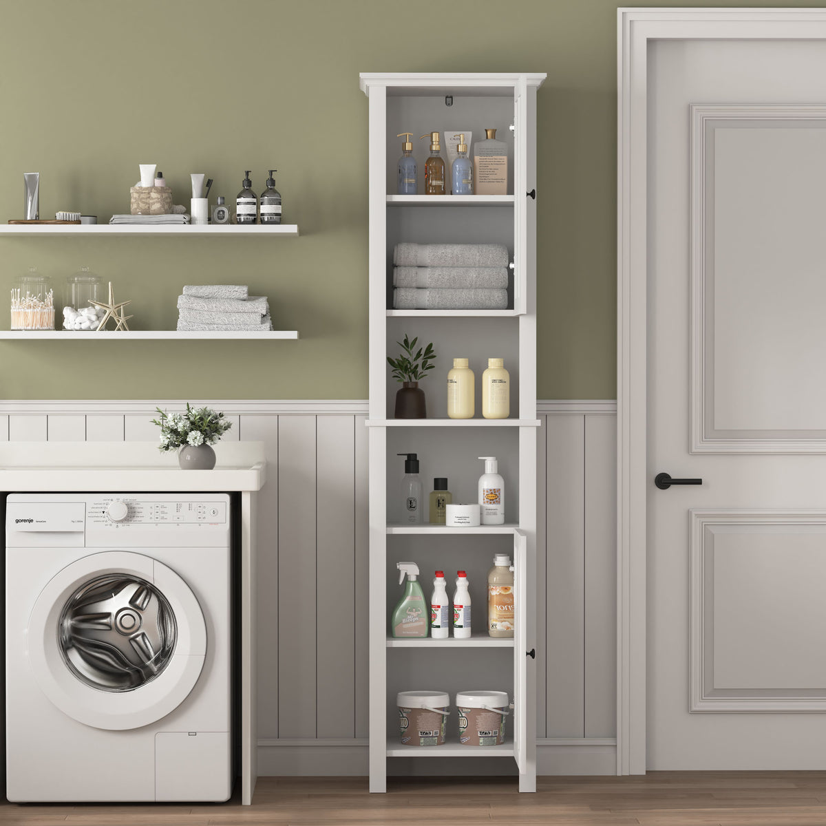 Bathroom Floor Storage Cabinet with 2 Doors Living Room Wooden Cabinet with 6 Shelves 15.75 x 11.81 x 66.93 inch