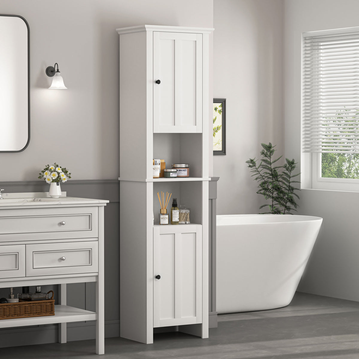 Bathroom Floor Storage Cabinet with 2 Doors Living Room Wooden Cabinet with 6 Shelves 15.75 x 11.81 x 66.93 inch