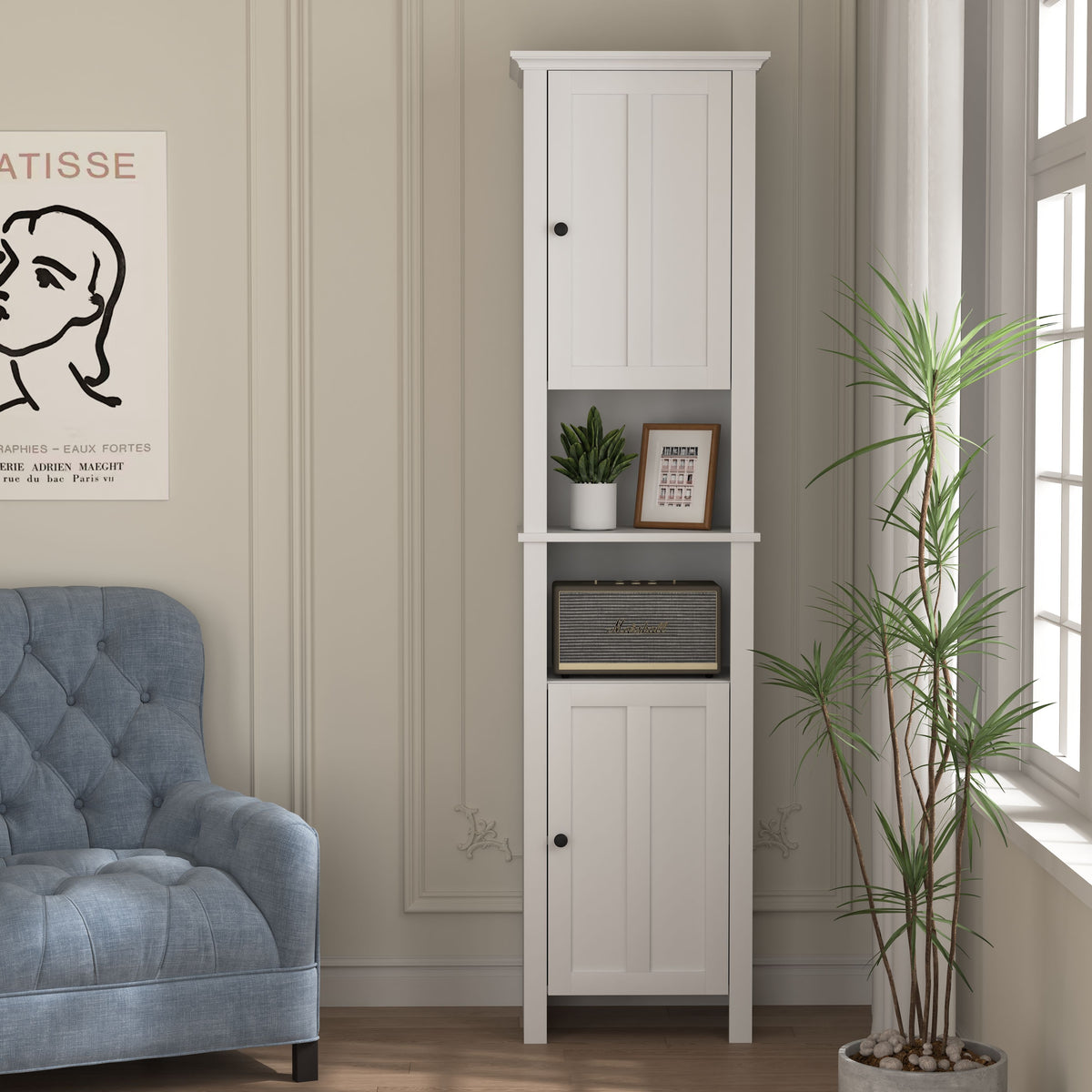 Bathroom Floor Storage Cabinet with 2 Doors Living Room Wooden Cabinet with 6 Shelves 15.75 x 11.81 x 66.93 inch