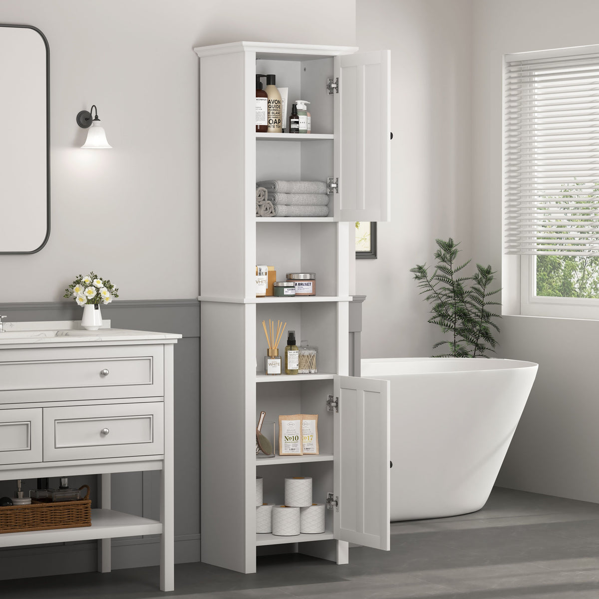 Bathroom Floor Storage Cabinet with 2 Doors Living Room Wooden Cabinet with 6 Shelves 15.75 x 11.81 x 66.93 inch