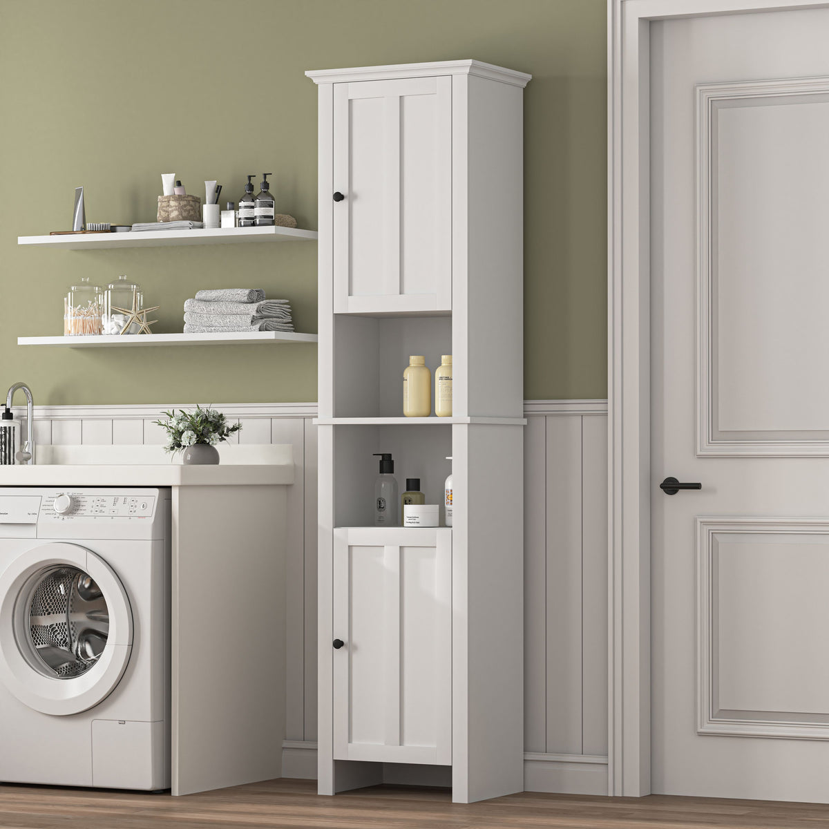 Bathroom Floor Storage Cabinet with 2 Doors Living Room Wooden Cabinet with 6 Shelves 15.75 x 11.81 x 66.93 inch