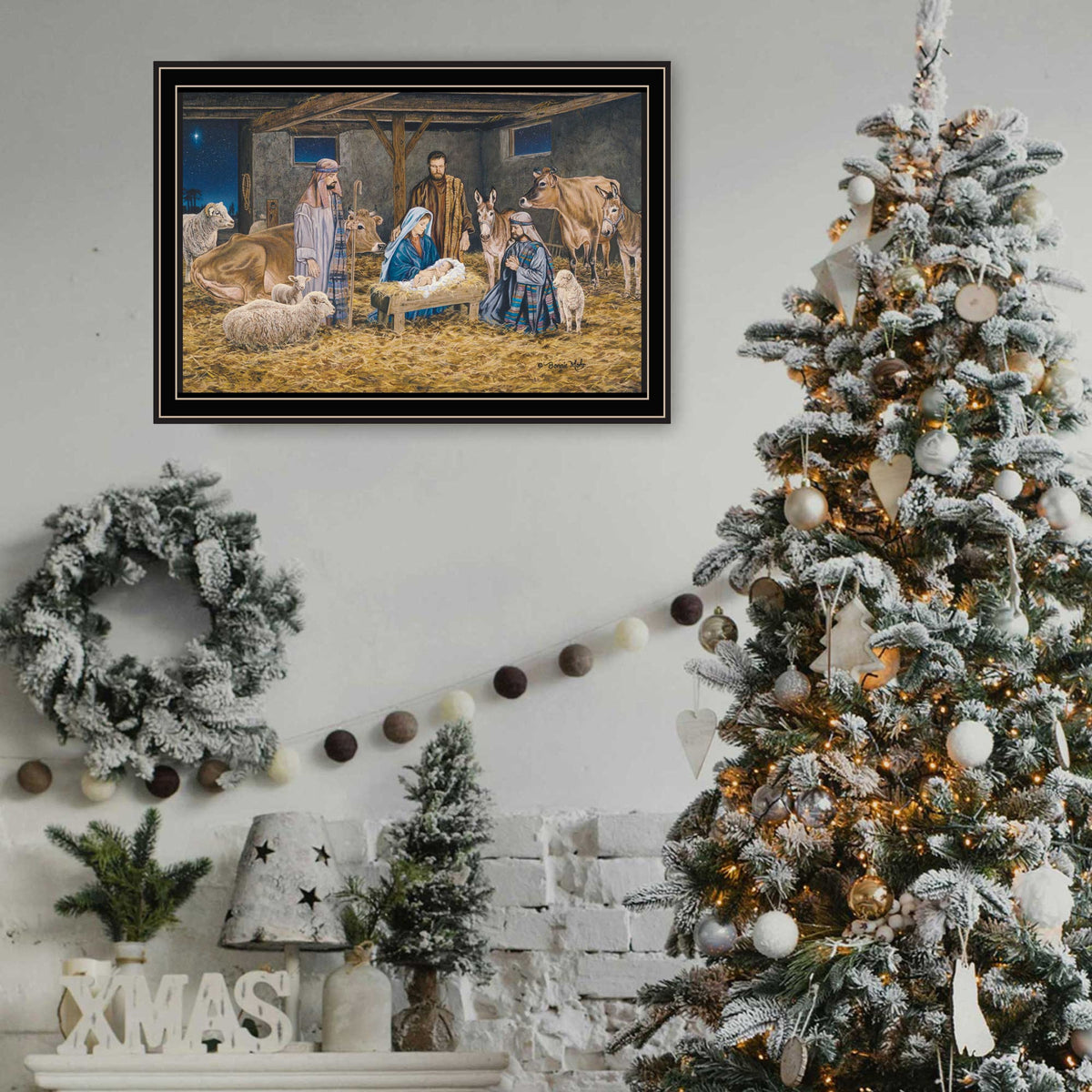Trendy Decor 4U The Greatest Gift of All - The Birth of Christ Black Framed Wall Art for Living Room, Nativity Wall Art Print for Home Decor, Bedroom Wall Art by Bonnie Mohr