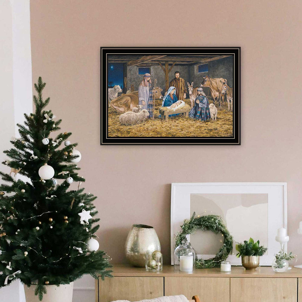 Trendy Decor 4U The Greatest Gift of All - The Birth of Christ Black Framed Wall Art for Living Room, Nativity Wall Art Print for Home Decor, Bedroom Wall Art by Bonnie Mohr